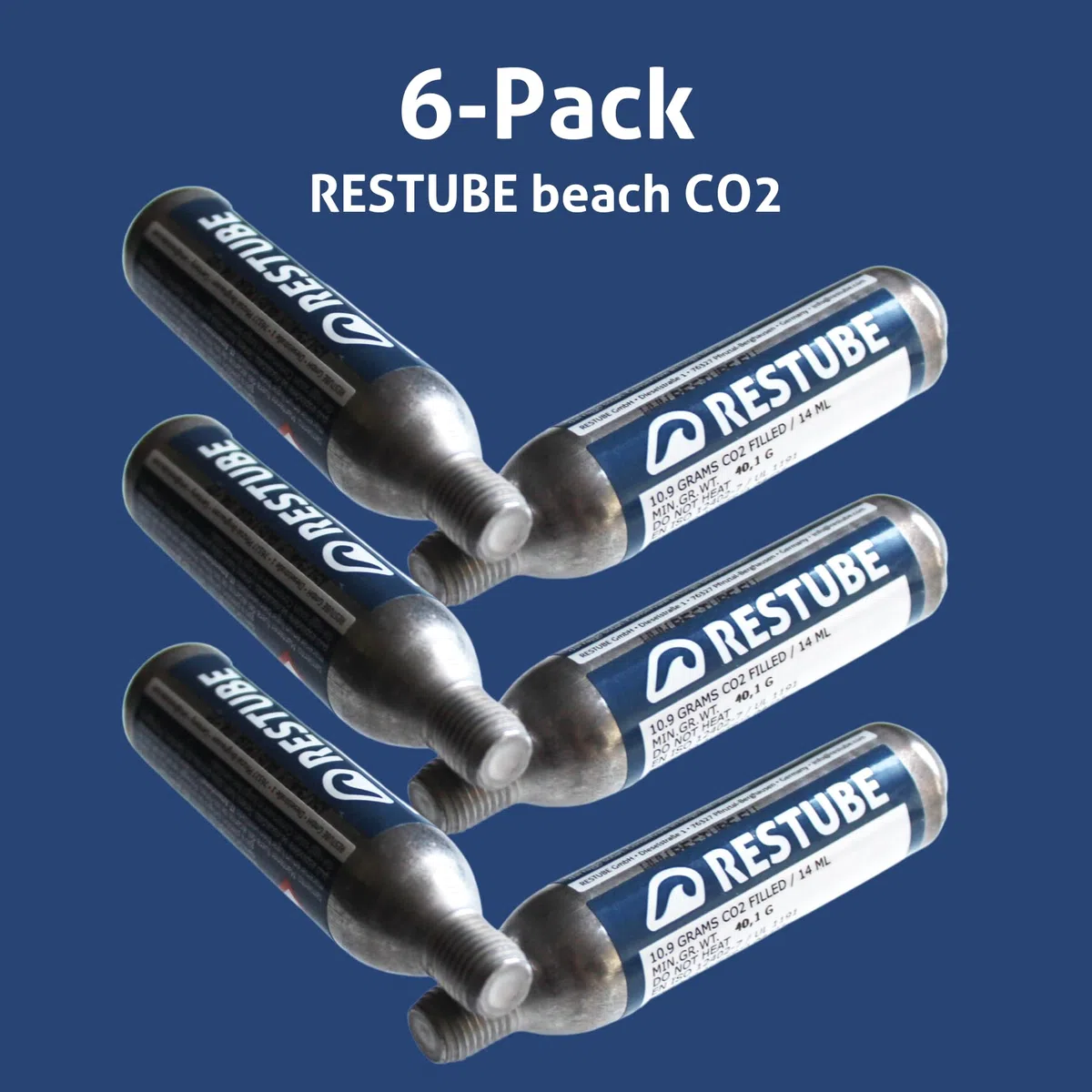 Restube Beach Cartouches de CO2 de Rechange pour Bouée de Sauvetage Gonflable - Lot de 6 Capsules à Air Comprimé de 10.9g pour Aide Flottante Natation