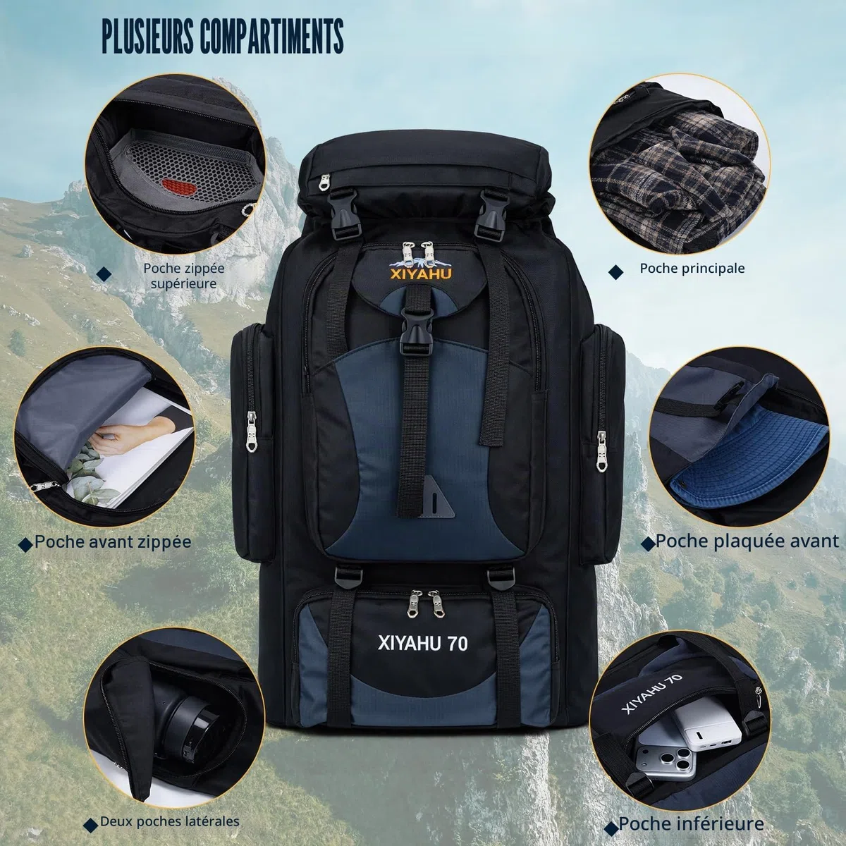 Sac à Dos de Randonnée Camping 70L Imperméable Ultraléger Grand Sac à Dos Trekking Homme Femme Sac Tactique Voyage Multifonction pour Voyage Alpinisme Escalade et Sports de Plein Air