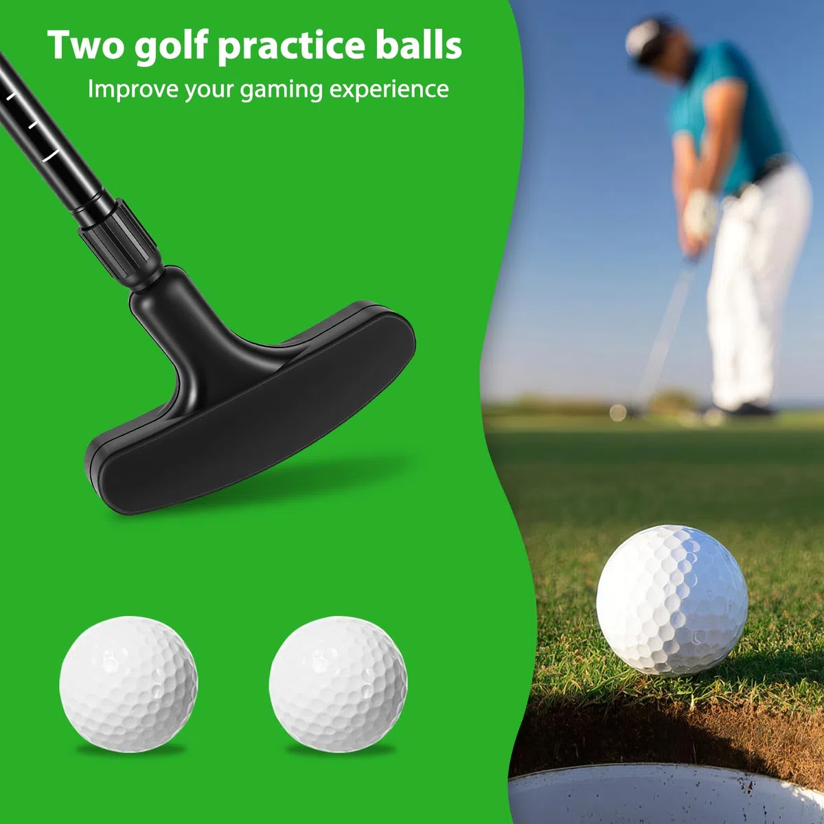 Putter de golf rétractable avec tige extensible pour enfants et adultes, convient aux gauchers et aux droitiers, mini clubs de golf avec 2 balles pour intérieur/extérieur (noir)