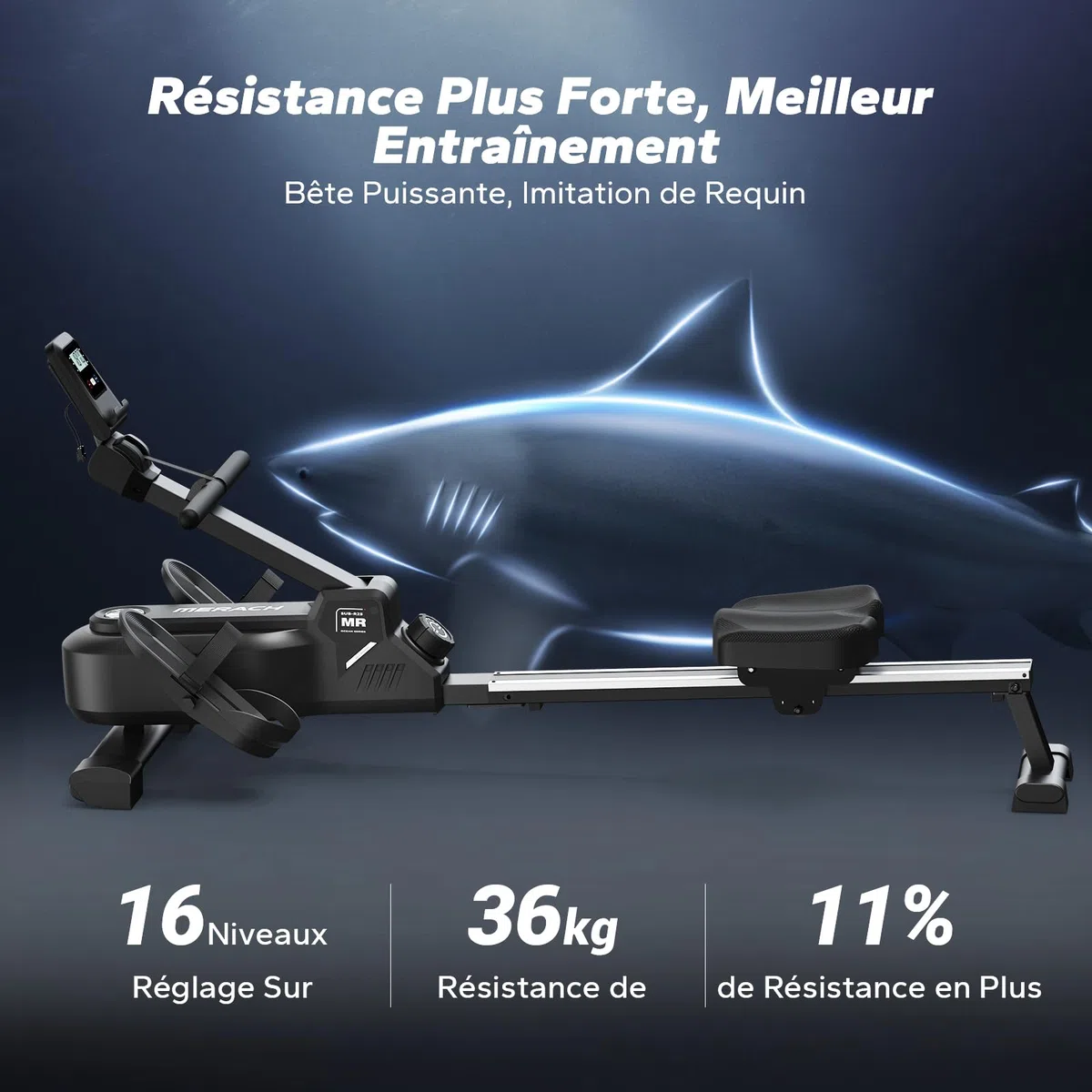 MERACH Rameur D'appartement avec Carte Interactive Exclusive de l' APP et Jeux, Apparence Semblable à Un Requin, Expérience de Rame Intense, Gain de Place, Adapté à L'entraînement du Corps Entier