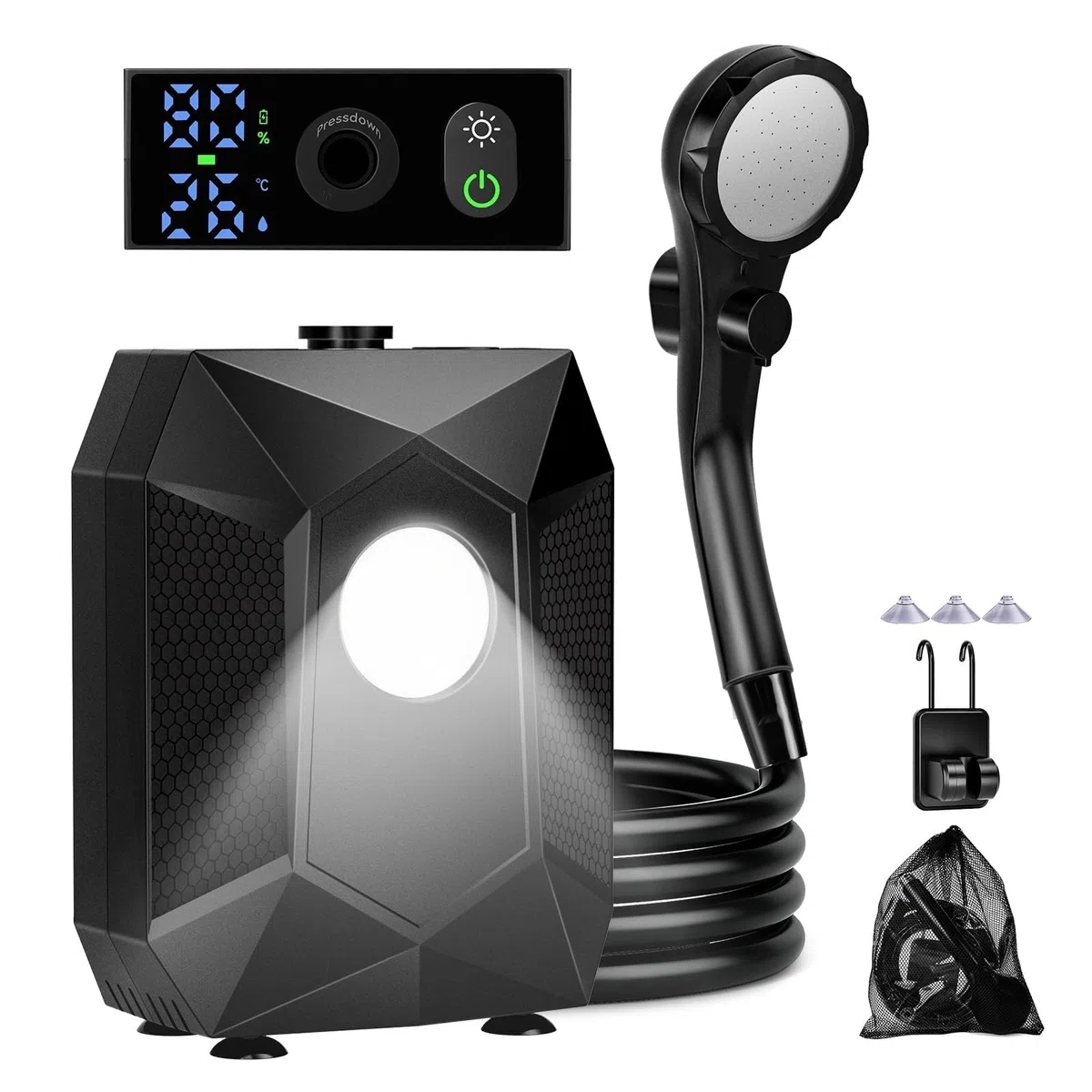 Douche Camping Portable 6000mAh - IPX8, Pompe Douche Camping avec Lumière LED, Rechargeable, Douche Camping -Affichage de la Température/5 Modes de Pression Réglable