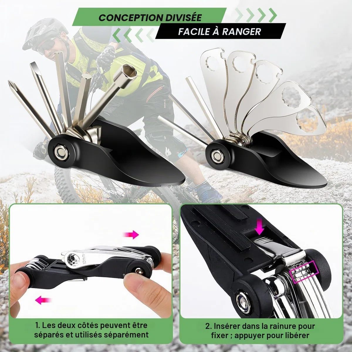 Kit de réparation de Pneu de vélo avec Outil 14 en 1, Mini Pompe à vélo, Coupe-chaîne, kit de Fixation Pratique pour vélos de Route et VTT