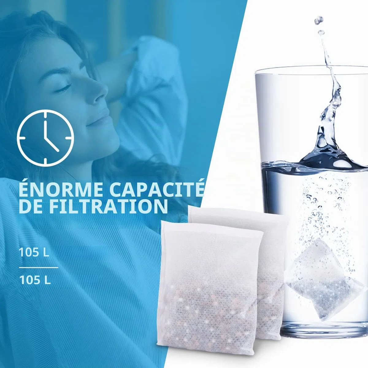 Pochette de filtre à eau alcaline riche en hydrogène pour bouteille, pichet, récipient, pH élevé 9 + sac filtrant portable pour bouteille d'eau longue durée (3 x 30 g)