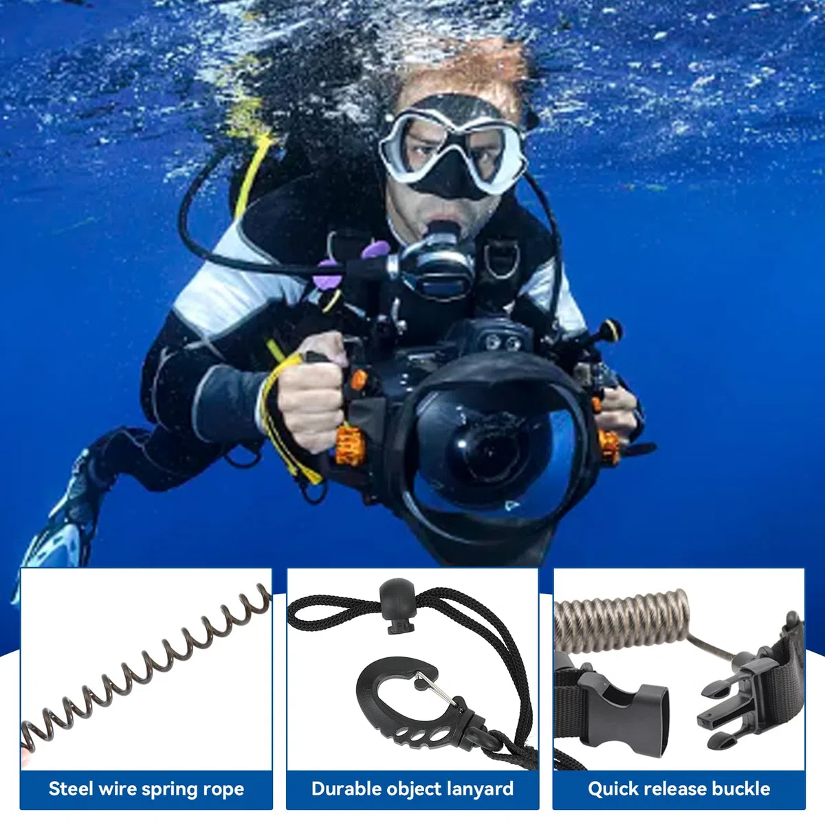 2pcs Plongée sous Marine Sangle Longe, Longe à Spirale Anti-Perte Caméra Plongée Sangle Longe avec Clips pour l'appareil-Photo de Plongée