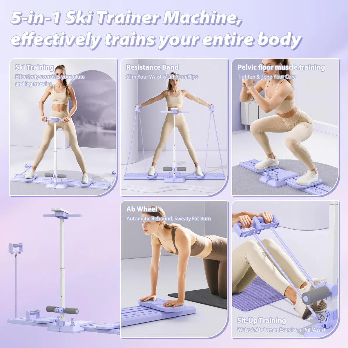 Machine de Ski 5-en-1, simulateur de Ski, entraîneur de Jambes Pliable, Appareil de Fitness Cardio pour la Maison, Planche Pilates Reformer pour sculpter Le Corps, renforcer Les fessiers