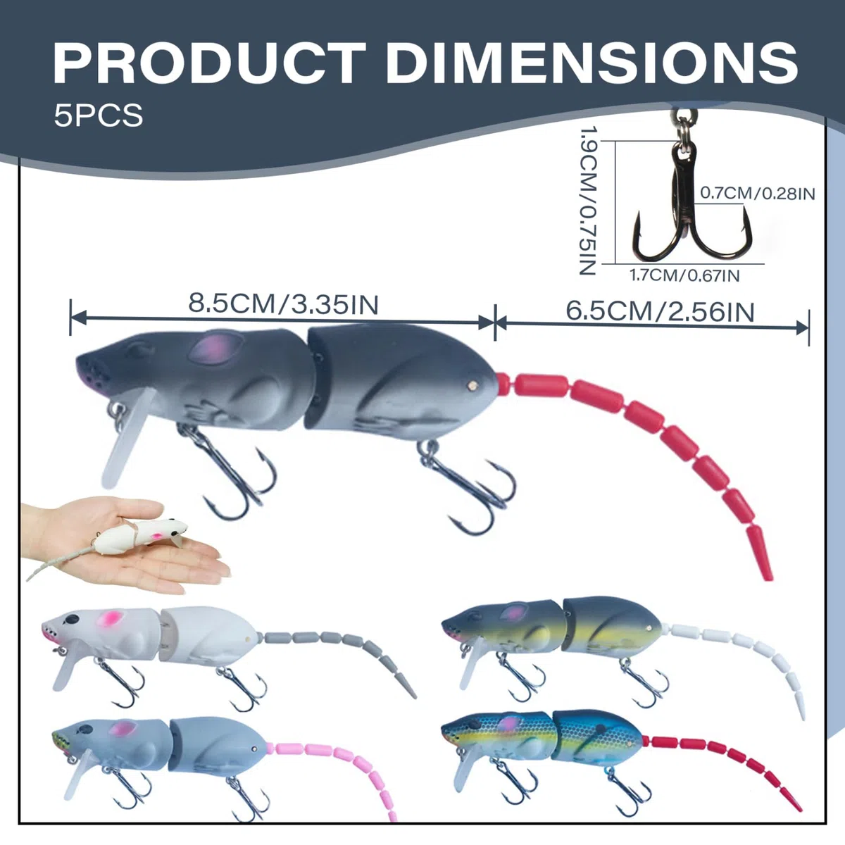 Lere de pêche Articulé 3,35, 5pcs Bionics Design Mouse Lures avec 2 Crochets aigus, Appât de pêche Professionnelle pour l'eau Douce et Salée