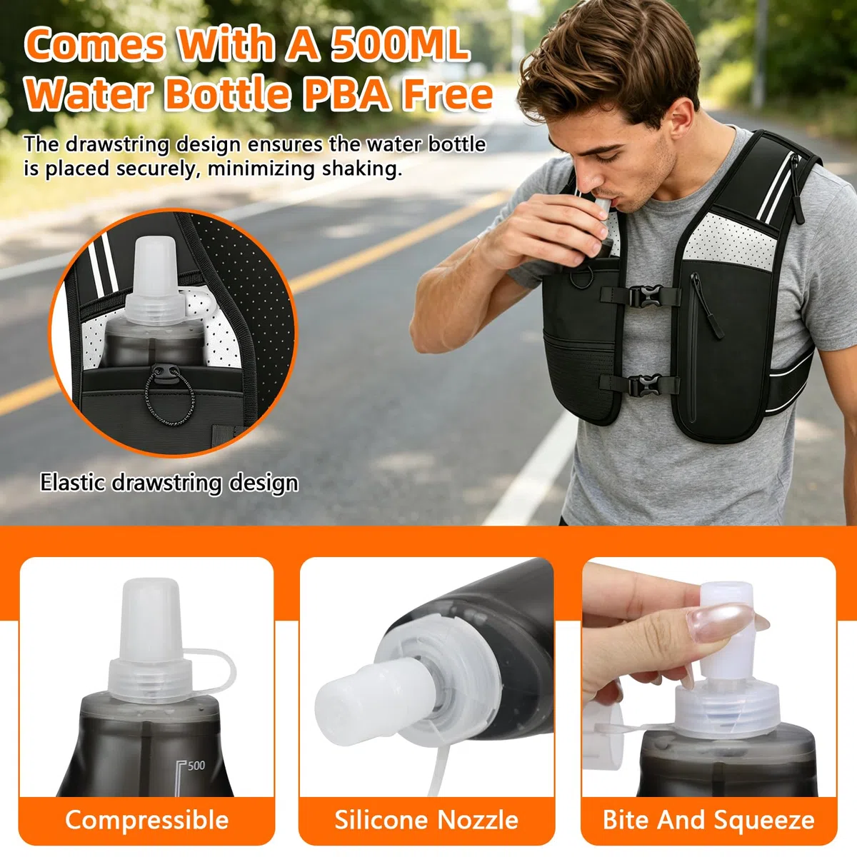 Gilet Hydratation Running Femme Homme, Gilet Running Réglable avec Bouteille d'eau Pliable 500ML, Respirant et Réfléchissant, avec Sac pour Téléphone, pour Course, Randonnée, Cyclisme, Marathon