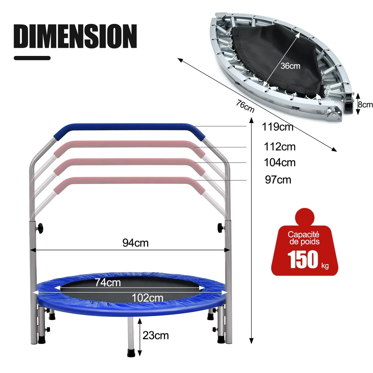 GYMAX Trampoline de Fitness Pliable avec Poignée Réglable à 4 Niveaux, Ressorts en Acier Renforcés, Couverture Rembourrée, Sac de Transport, Trampoline de Loisirs pour Adultes/Enfants (Rouge)