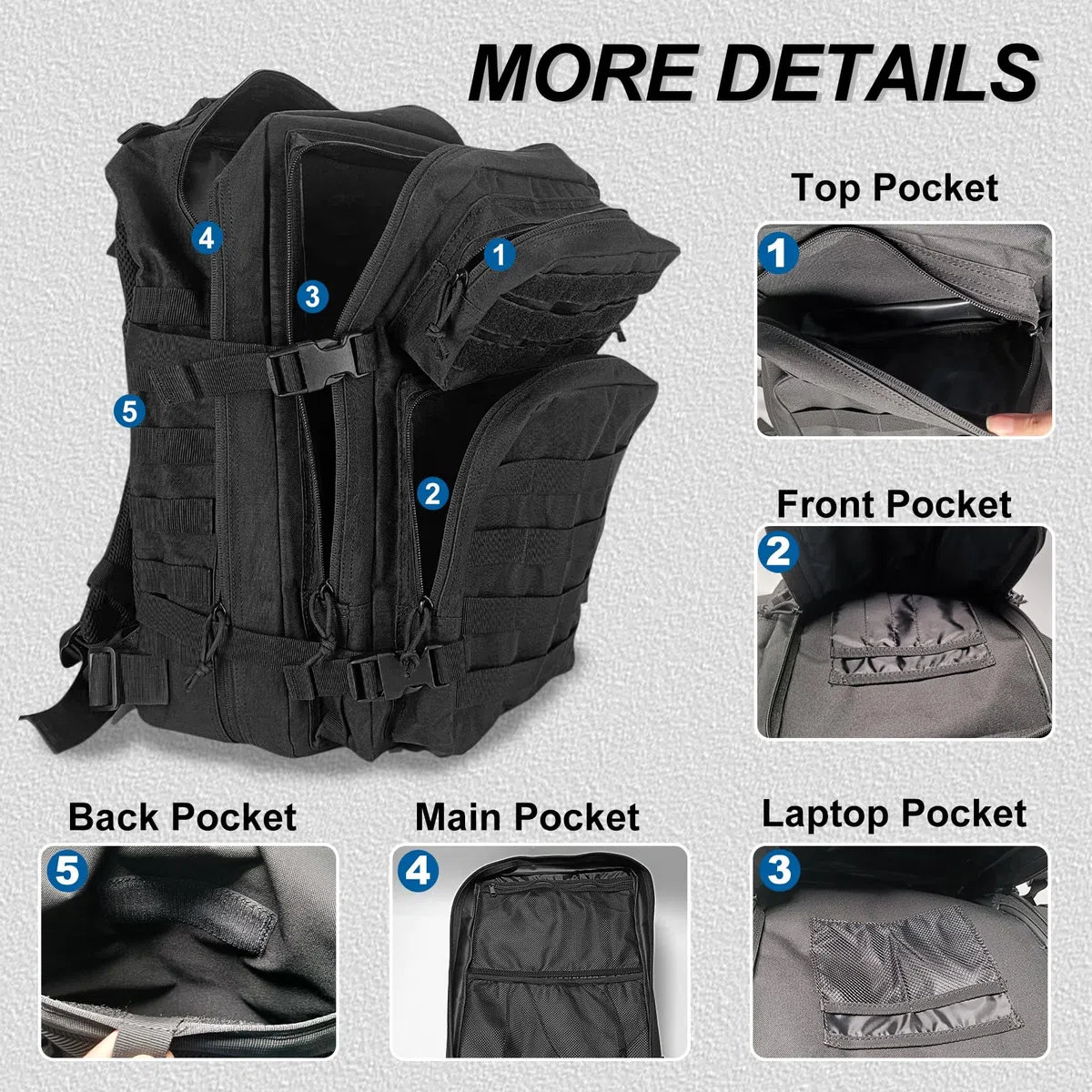 HEMSO Grand Sac à Dos Militaire 45L,Sac de Voyage Système MOLLE,Sac Crossfit de Sport pour Randonnée Trekking Moto Camping Voyage Pêche Alpinisme École (Noir)