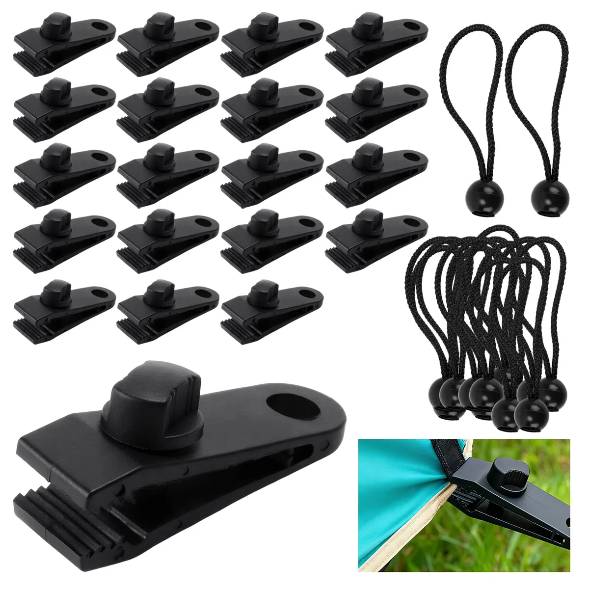 Lot de 20 clips de bâche robustes avec cordons élastiques, attaches de bâche coupe-vent, pinces d'auvent pour tentes de camping, housses de caravane (noir)