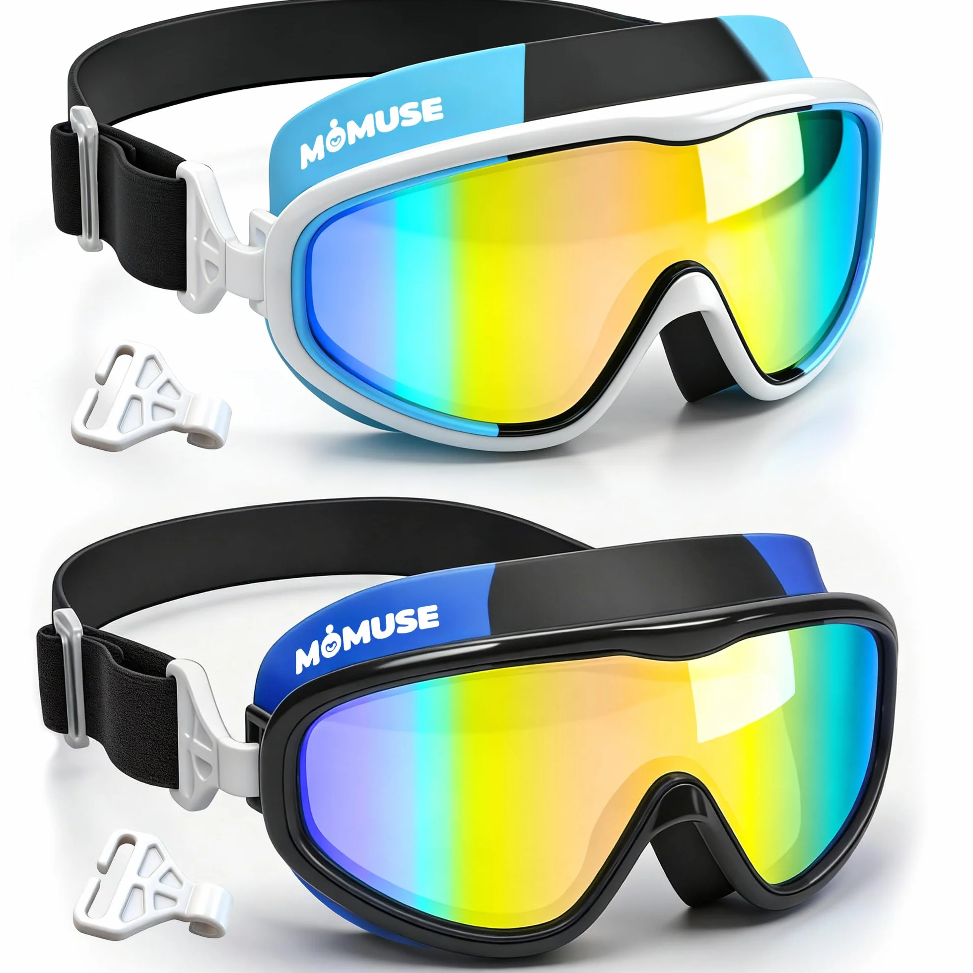 MOMUSE Lunettes Piscine pour Enfants 2PCS,Sangle en Tissu Confortable, Lunettes de Natation Enfants 3 4 5 6, Protection UV Lentilles Antibuée, Etanches, pour Garçons et Filles 3-14 Ans, Piscine Plage