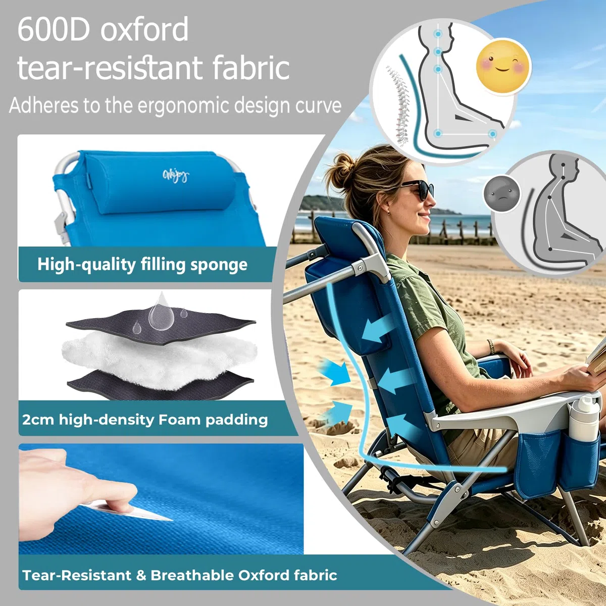#WEJOY Chaise de Plage Pliable Fauteuil de Plage Camping à 4 Position Réglable Siege de Plage Pliante Portable Chaise Basse de Camping en Aluminium Charge 120 kg pour Voyage Pique-Nique Jardin
