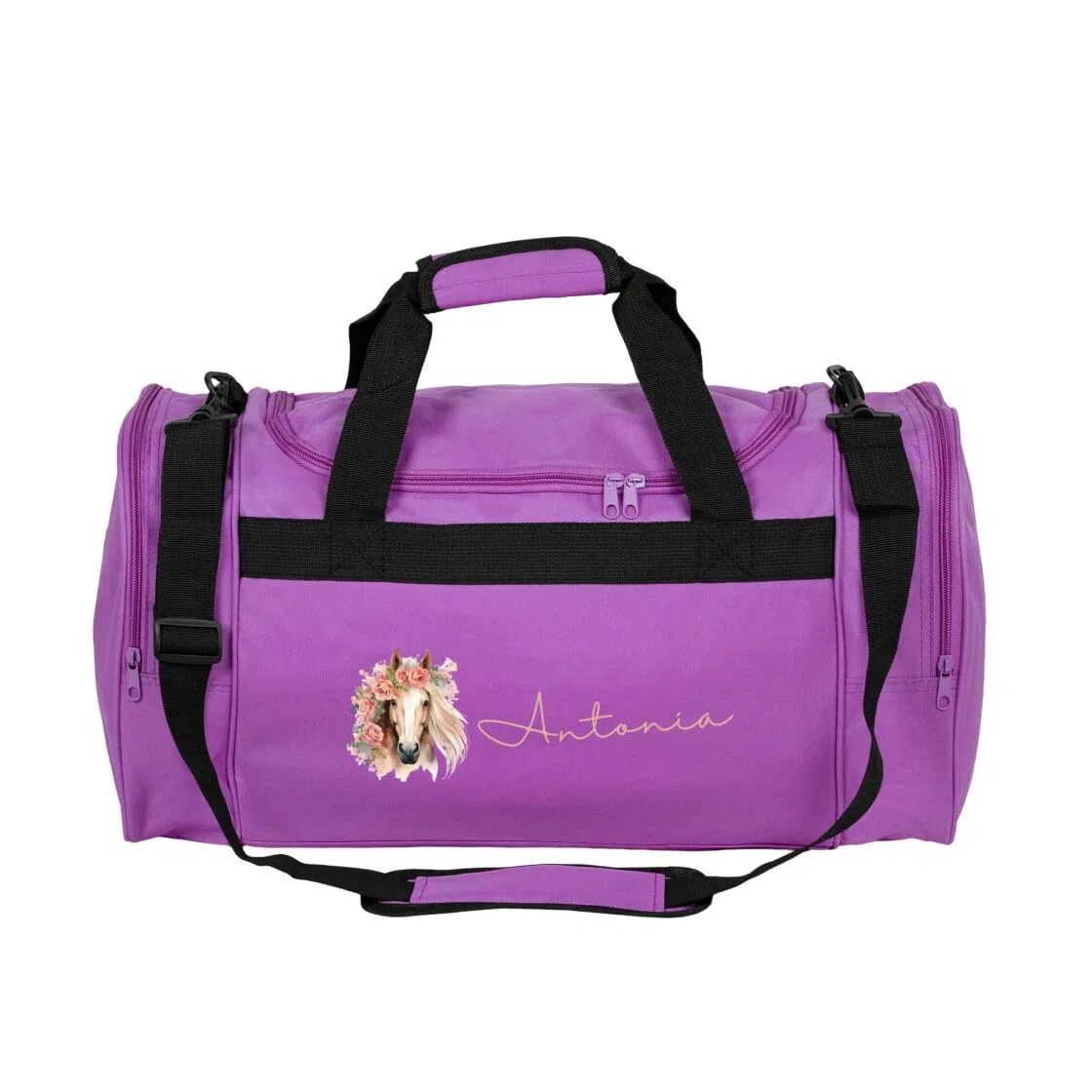 Minimutz Sac de sport pour enfants avec cheval, sac de voyage pour enfants, sac d'équitation, sac de sport pour enfants, avec nom 26 l, lilas, 54 x 28 x 26 cm