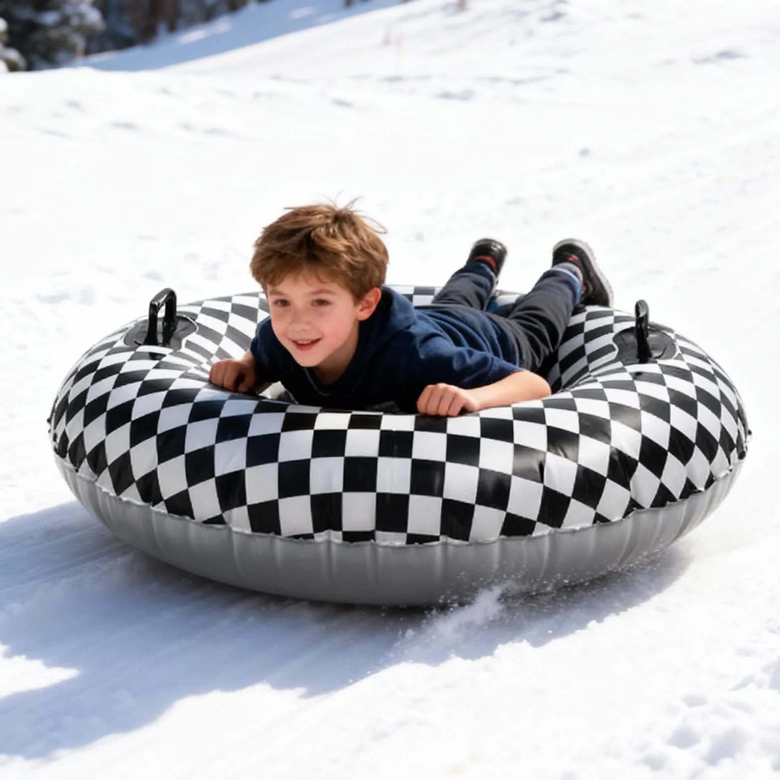 101cm Drapeau à Damier Noir et Blanc Tube à Neige pour Enfants et Adultes, en PVC Résistant au Froid Luge Gonflable Neige avec Poignées Surélevées Équipement de Luge d'hiver en Extérieur