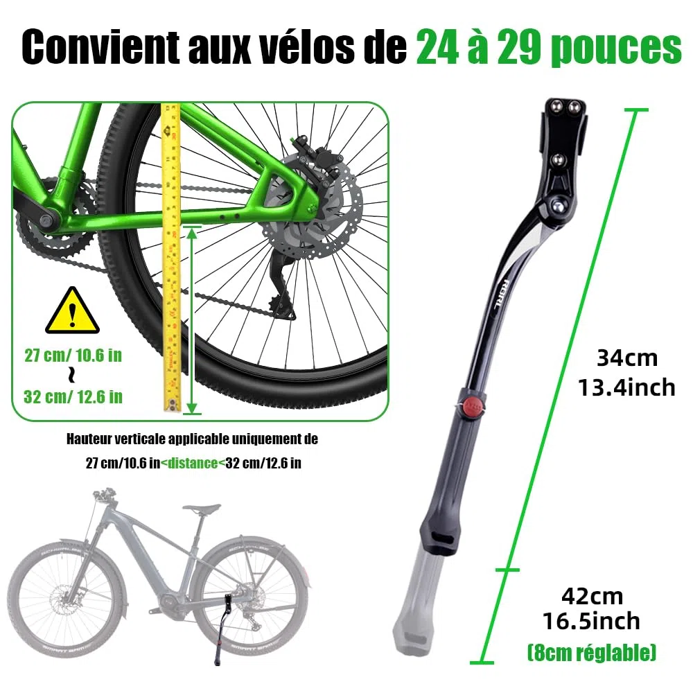Béquille de vélo en alliage, réglable en hauteur pour vélo de montagne/vélo de route de 61 à 73,7 cm