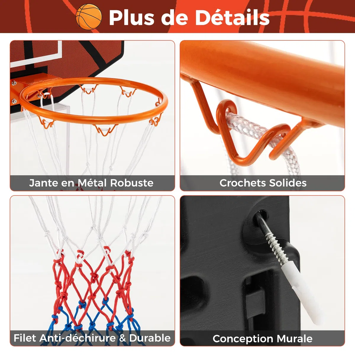 COSTWAY Panier de Basket Mural 32,5 cm avec Panneau Incassable, Panier Basket-Ball avec Filet Anti-déchirure Accessoires Complets, pour Enfants Adolescents Adultes, 66,5 x 44,5 cm, Noir+Rouge