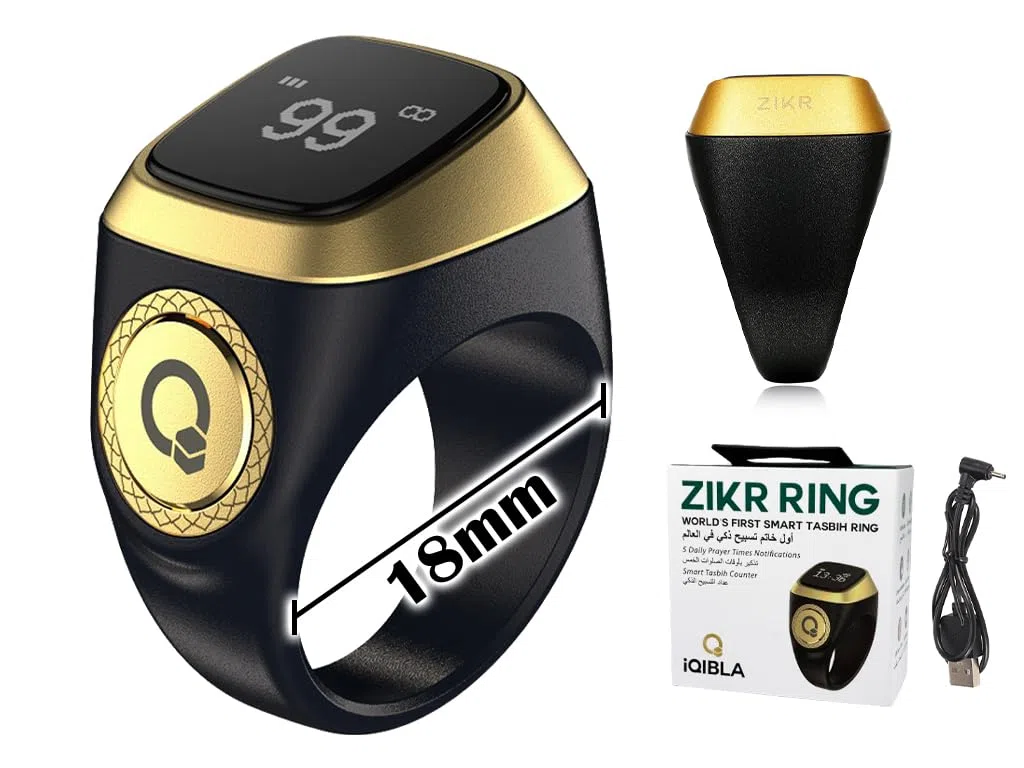 Anneau Numérique Musulman, Muslim Tasbeeh Compteur Intelligent, Compteur de Bagues Islamiques, Compteur Anneau Intelligent, Tasbih Compteur Smart Ring, Écran D'affichage OLED (Noir,18mm)