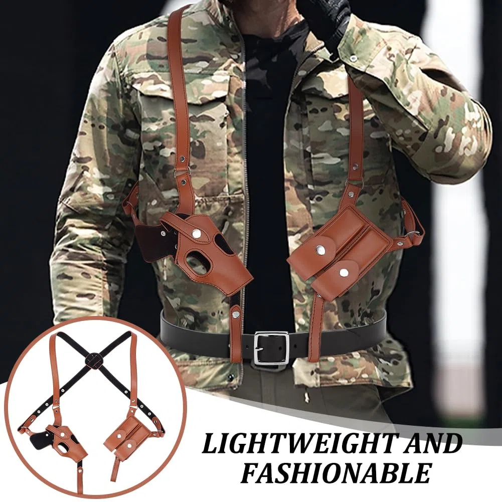 nbeads Étui D'Épaule, Étui à Pistolet en Cuir de Vache Étui à Pistolet Vertical Réglable avec Pochette à Double Chargeur Étui à Pistolet Universel pour la Plupart des Types de Pistolets