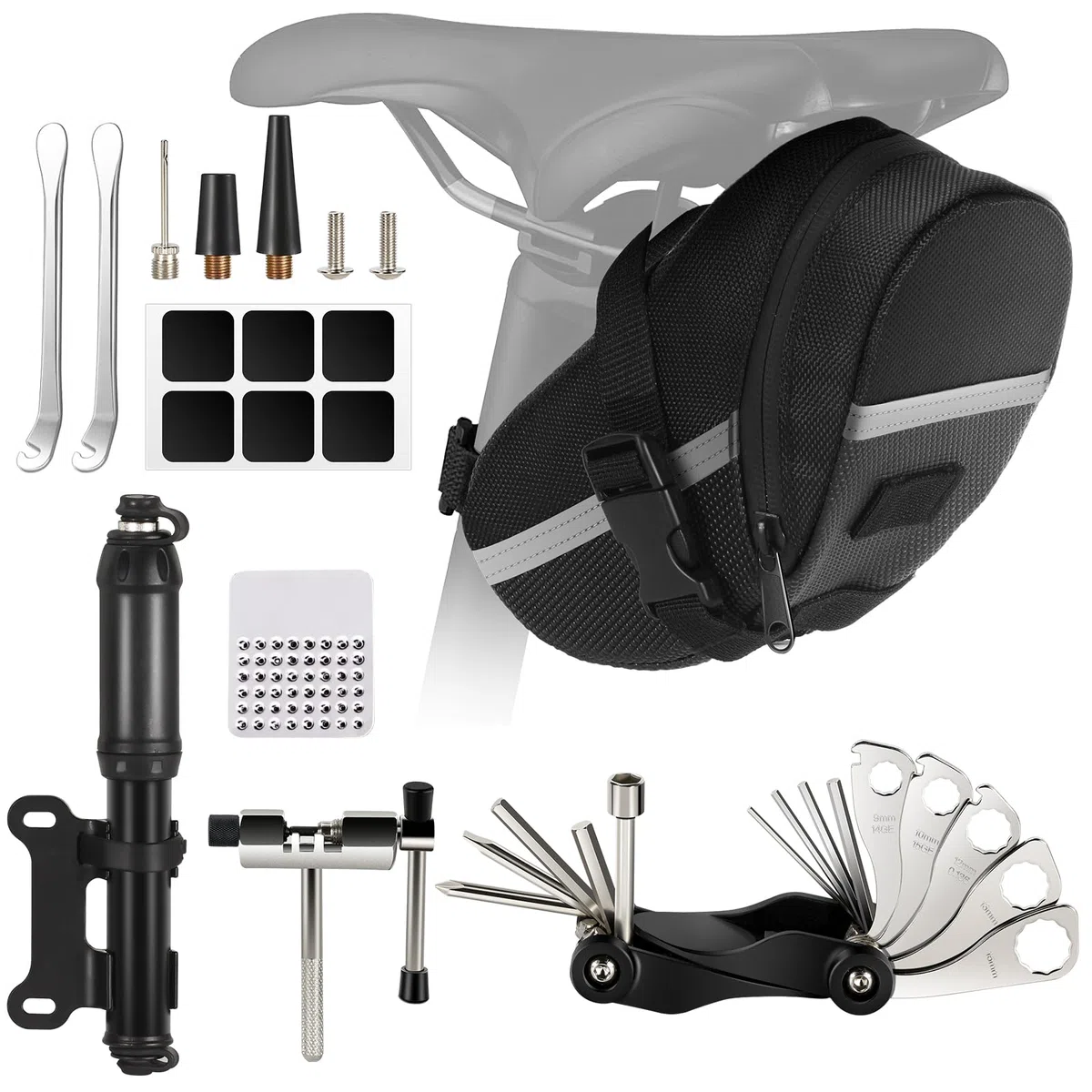 Kit de réparation de Pneu de vélo avec Outil 14 en 1, Mini Pompe à vélo, Coupe-chaîne, kit de Fixation Pratique pour vélos de Route et VTT