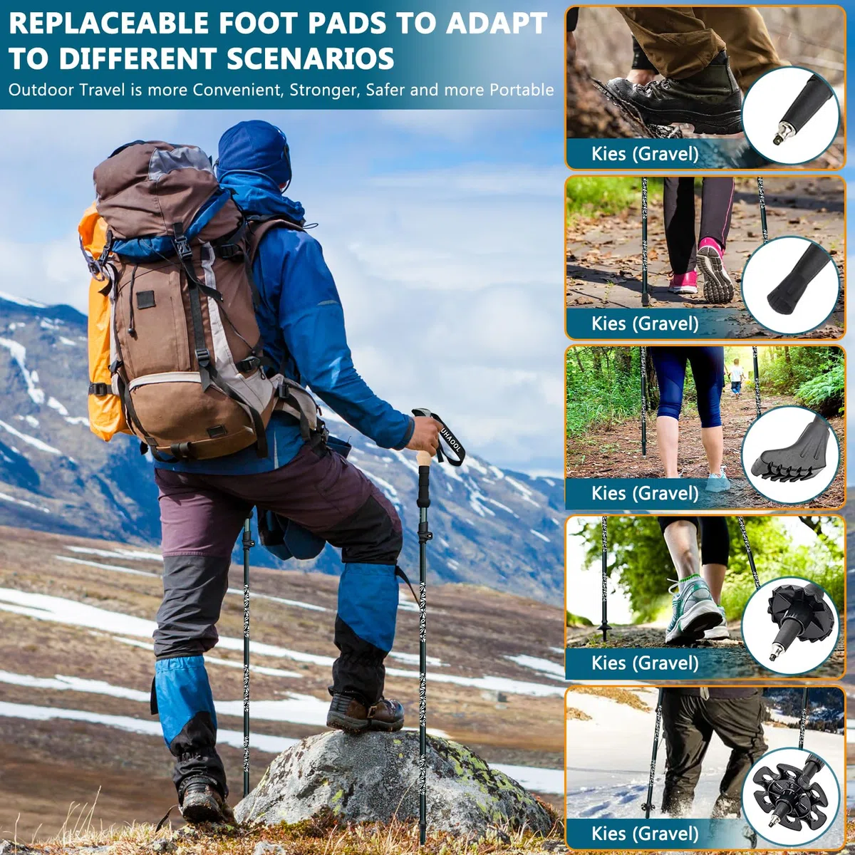 Bâtons de Randonnée, 2 PCS Bâton de Marche Télescopique Retractable,Pliable Antidérapant Ultraléger Bâtons de Marche avec 5 Paires de Tampons en Caoutchouc pour Le Conditionnement du Trekking