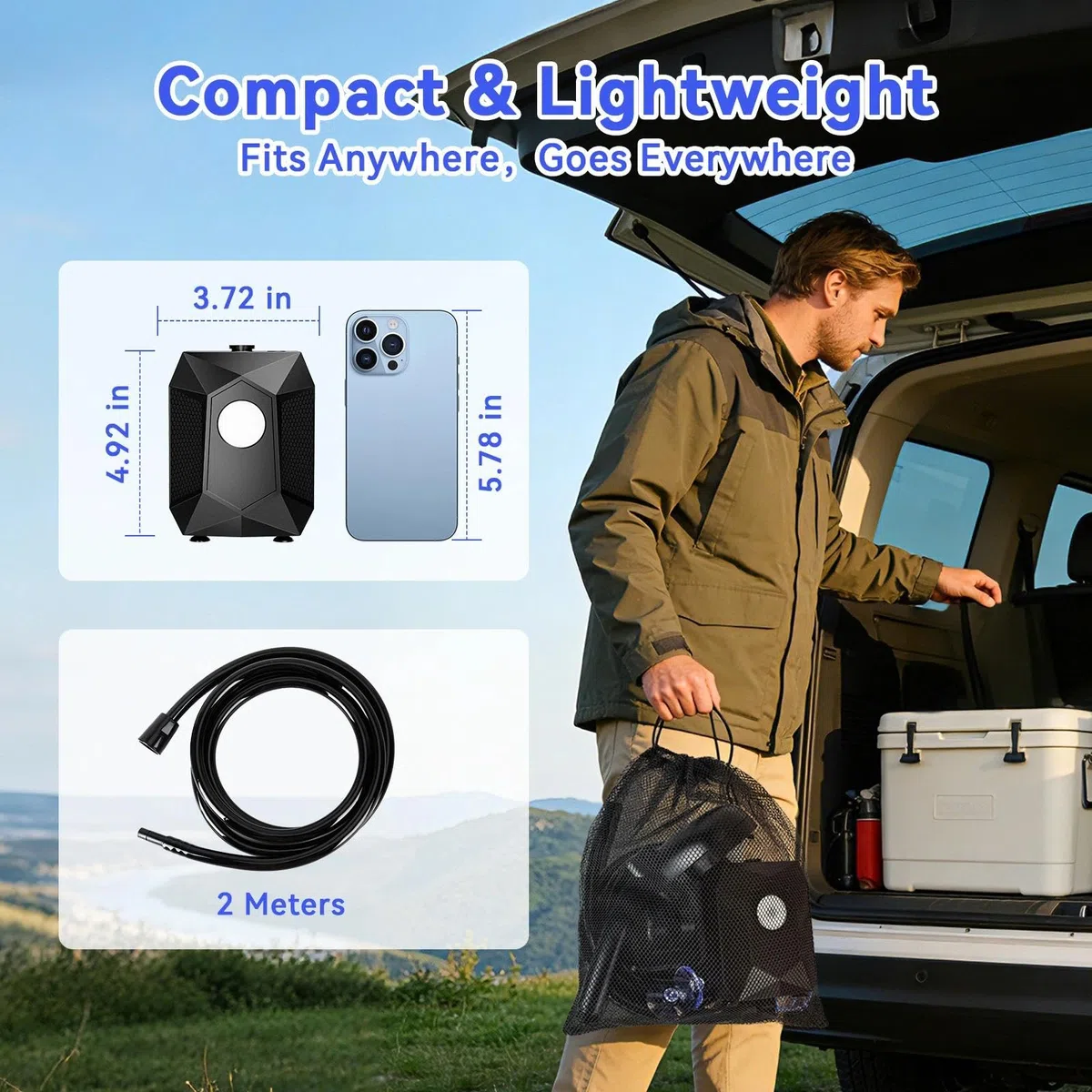 Douche Camping Portable 6000mAh - IPX8, Pompe Douche Camping avec Lumière LED, Rechargeable, Douche Camping -Affichage de la Température/5 Modes de Pression Réglable