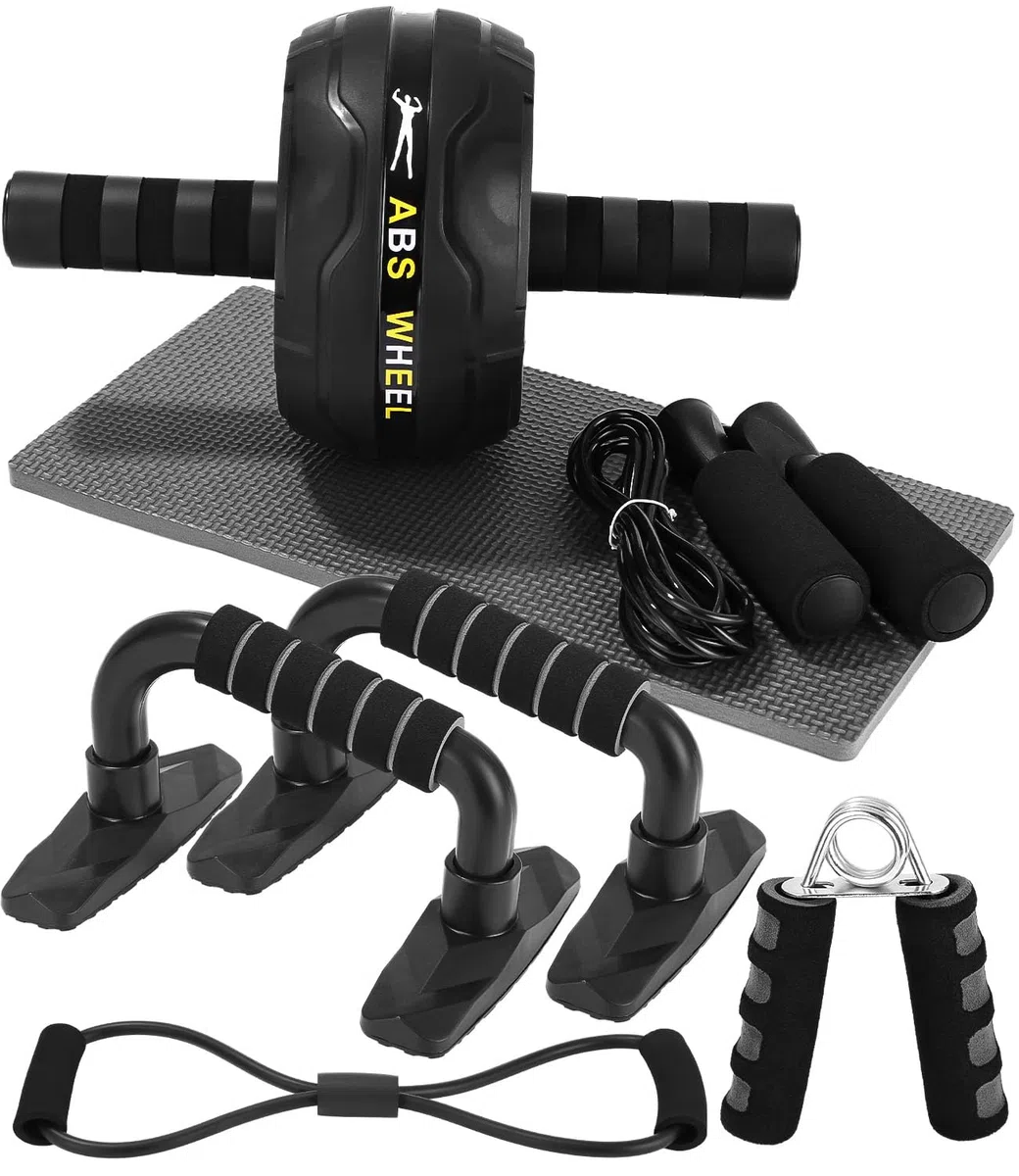 Roue abdominale 6 en 1 avec bande de fitness, pompes, tapis pour genoux, Corde à Sauter,Pince à Main,appareils de fitness pour abdominaux, Idéal pour les hommes et les femmes à la maison