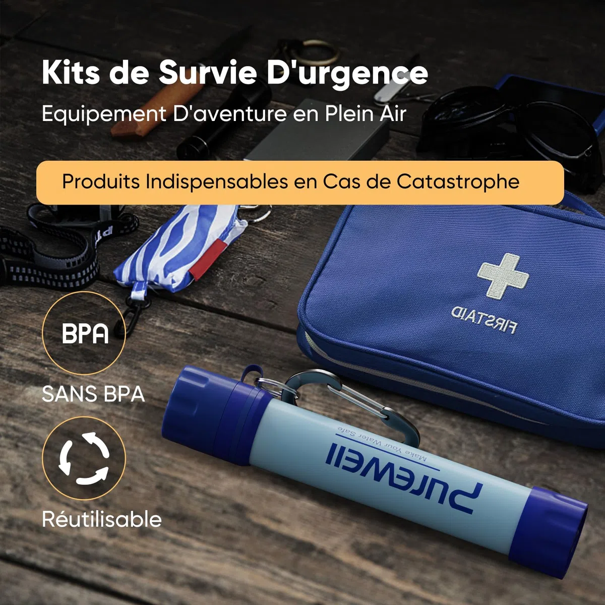 Purewell Paille Filtrante à Eau Survival - Filtre Portable 0.01 Micron Élimine 99.99% Bactéries - Avec Mousqueton - Pour Randonnée Camping Urgence - Durée de Vie 1500L Sans BPA