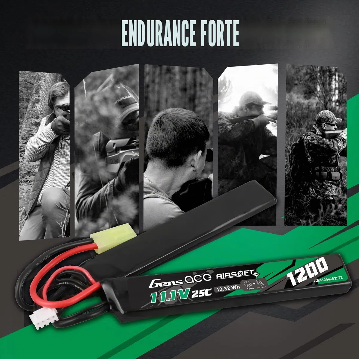 Gens ace 3s Batterie Lipo 11,1V 1200mAh 25C 3S1P 2X Nunchuck avec Connecteur Mini TMY, Compatible Répliques Airsoft AEG