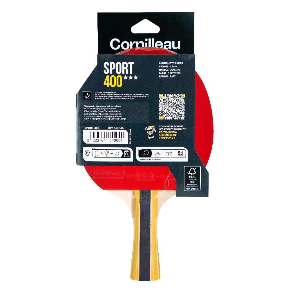CORNILLEAU - Sport 400 - Raquette de ping Pong d'intérieur Polyvalente - revêtement ITTF 3 étoiles