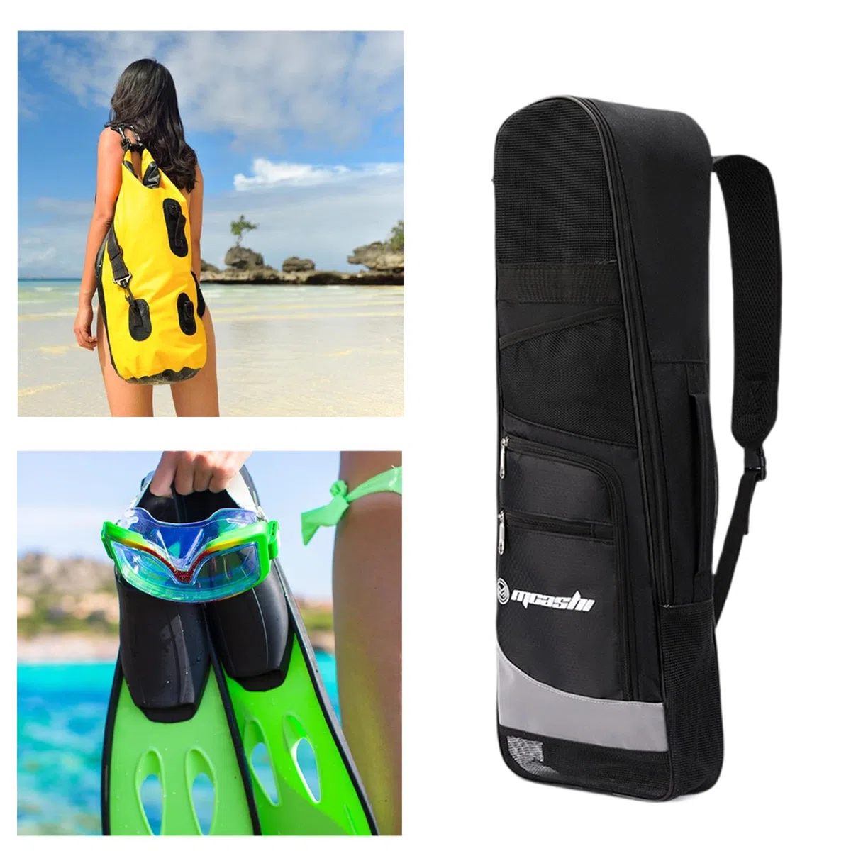 Sac à Dos de Plongée Sac à Bandoulière Sac pour Palmes Sac de Natation en Tissu Maille Léger et Respirant Adapté pour La Plongée Le Surf et Les