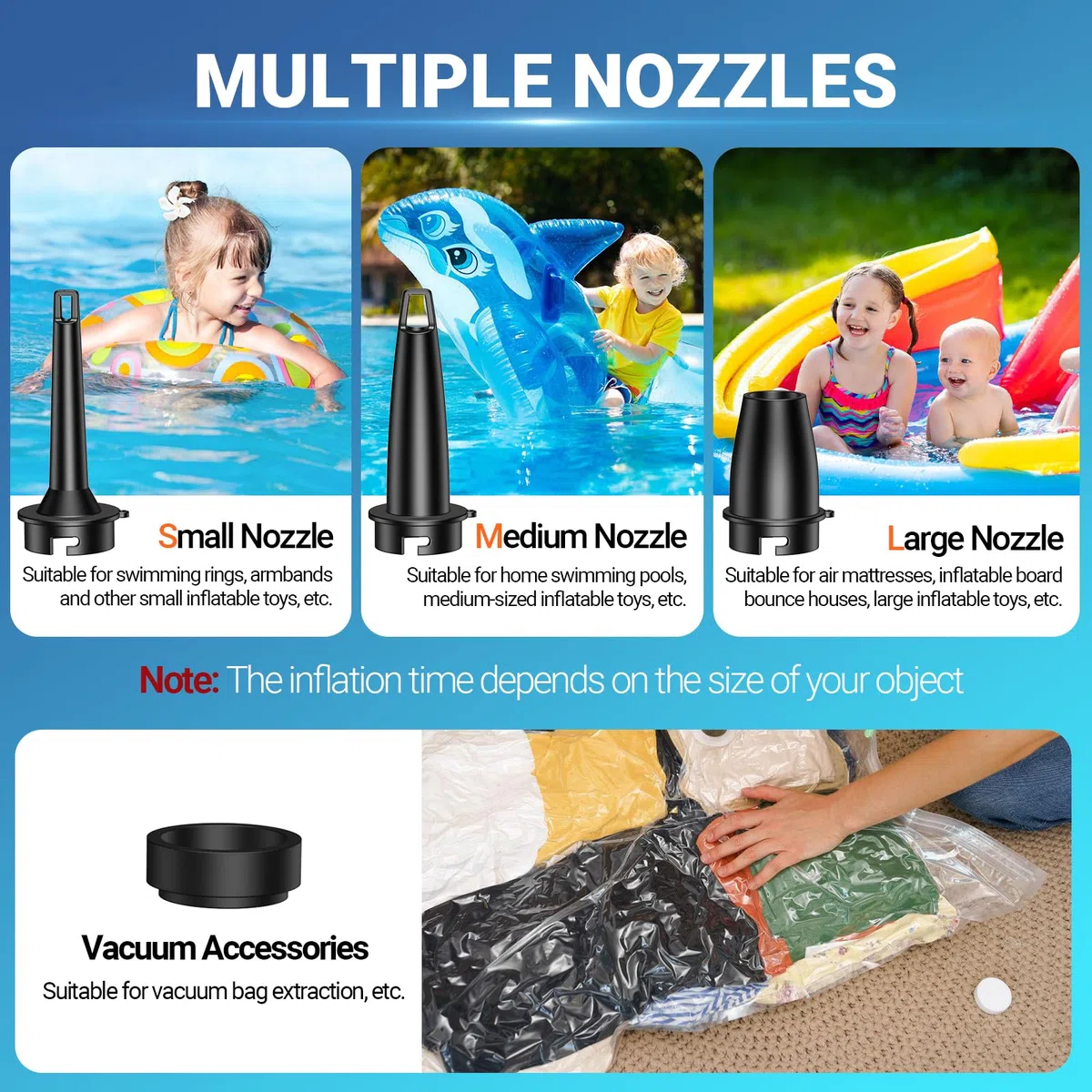 Preciva Pompe à air électrique, 5200 mAh, pompe électrique avec gonflage/dégonflage rapide, pompe électrique portable rechargeable de 280 l/min, avec 4 buses pour piscine, piscine pour enfants, bateau