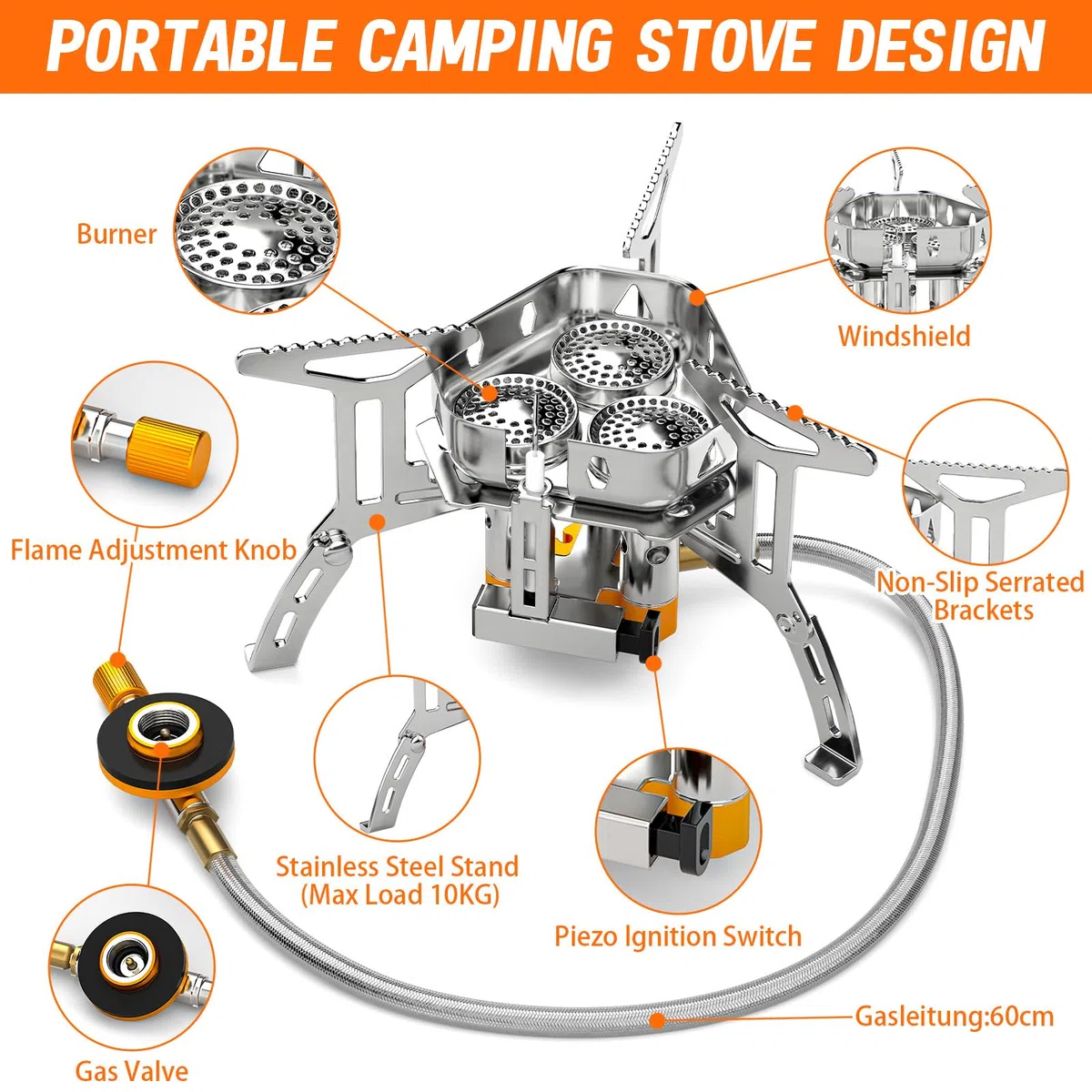 Rechaud Camping Gaz, 5800W Portable Brûleur Camping Pliable avec Bouton d'Allumage, Poids Léger Tête Unique Coupe-vent Puissance de Feu Réglabl, pour Camping/Randonnée/Pique-Nique/Extérieur