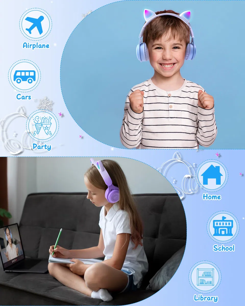 Joso Casque 2 en 1 pour enfants, casque filaire/sans fil avec microphone pour filles et garçons, casque pliable avec oreilles de chat avec volume limité pour enfants à partir de 5 ans (bleu)