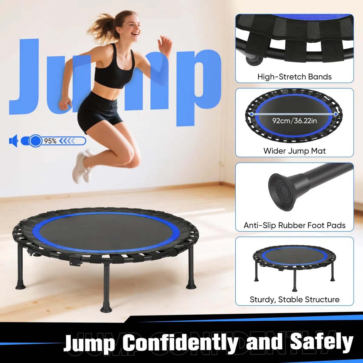 Trampoline d'intérieur de fitness pliable sans installation | Ø 101 cm, mini trampoline | Charge maximale 150 kg | Stable et silencieux pour adultes