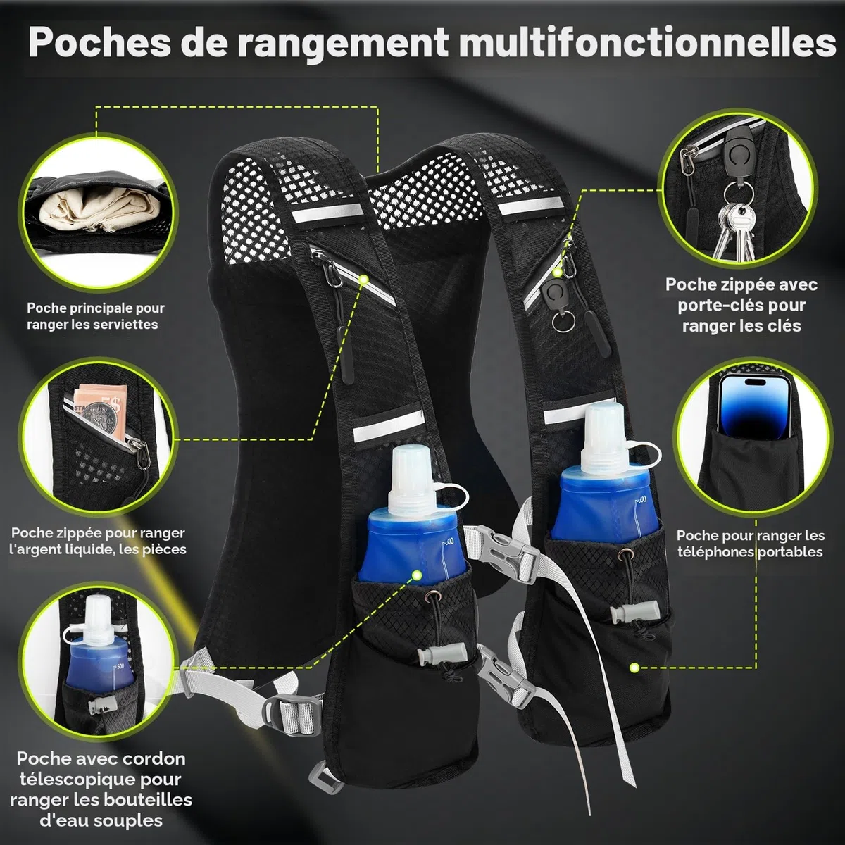 Gilet d'hydratation Trail Running + 2 Soft Flask 500 ML, Gilet d'hydratation de Course à Pied pour Femmes et Hommes, Sac à Dos réglable pour Course, pour Marathon Cyclisme, Randonnée, Running