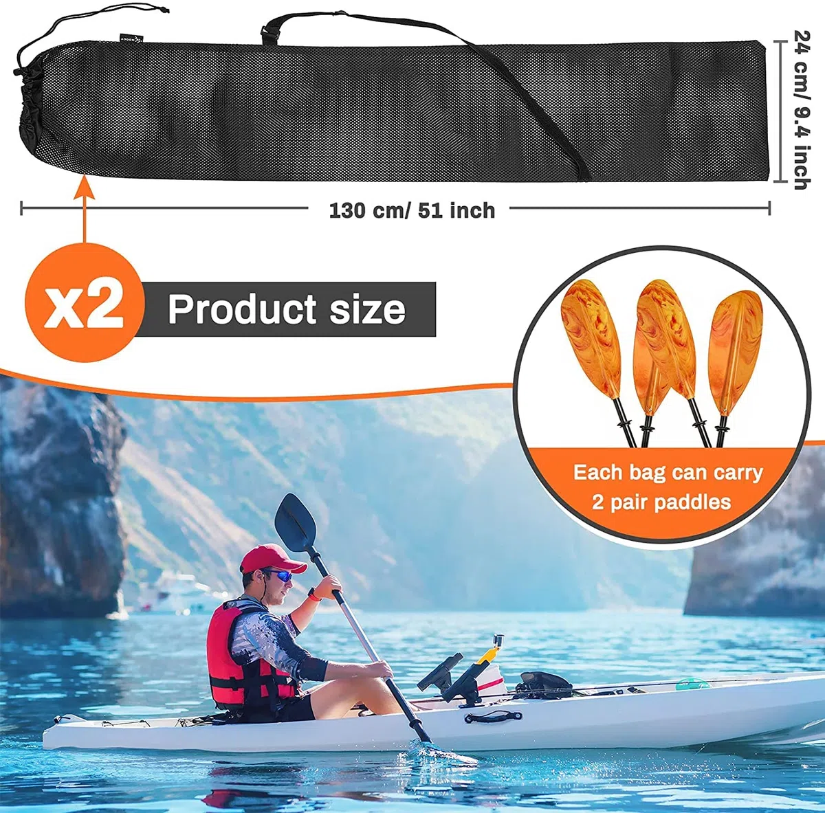 Sac de pagaie de kayak avec cordon de serrage en maille avec bandoulière réglable, sac de rangement portable pour pagaie de kayak, bateau, canoë, filets de rangement, plusieurs pagaies