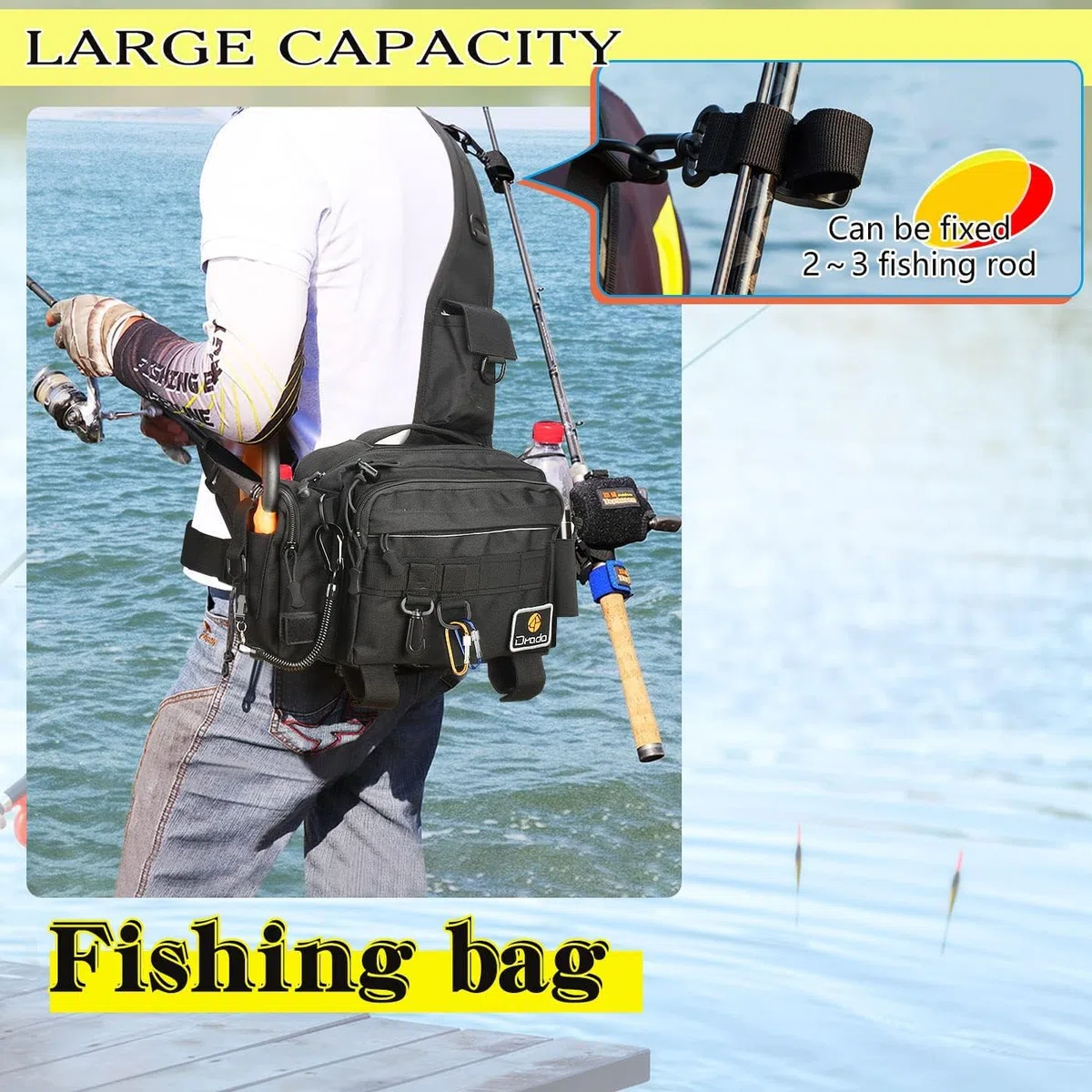 drado Sac de pêche à bandoulière, Sac à Dos Tactique, Sac à Dos de pêche imperméable et résistant à l'usure pour Accessoires de pêche(Noir)