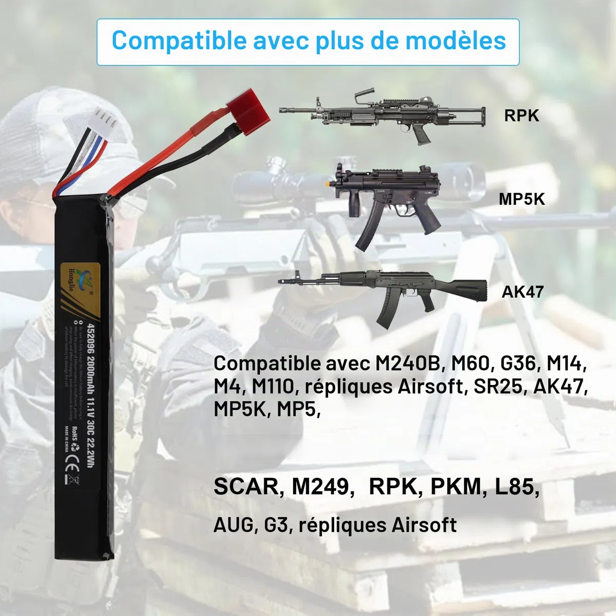 11.1V 2000mAh 22.2Wh Batterie LiPo Rechargeable 3S 30C, bâton de Batterie Compatible avec Le connecteur Deans T pour Fusil Airsoft Airgun Guns Model