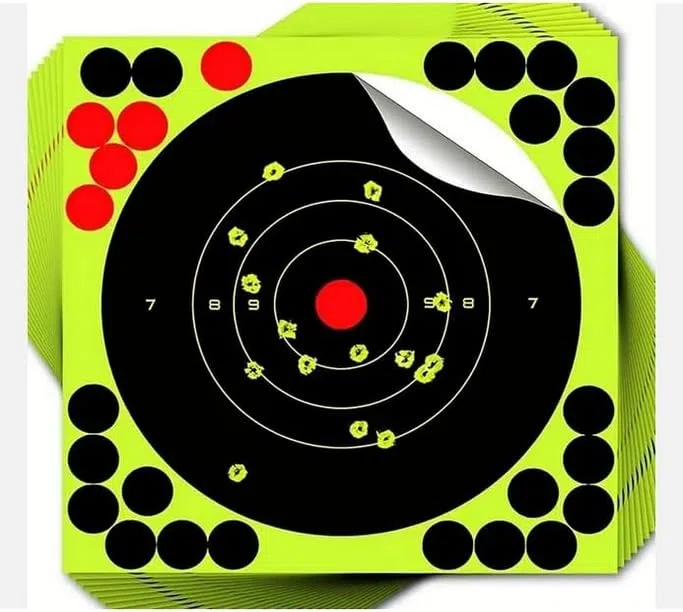50 CIBLES-20cmX20cm-Cible adhésive réactive -Haute visibilité Splash Effect Hallo Jaune Fluo réactif Autour de l'impact-tir de Loisir, Stand -Stickers de masquage Inclus, Plomb, Airsoft