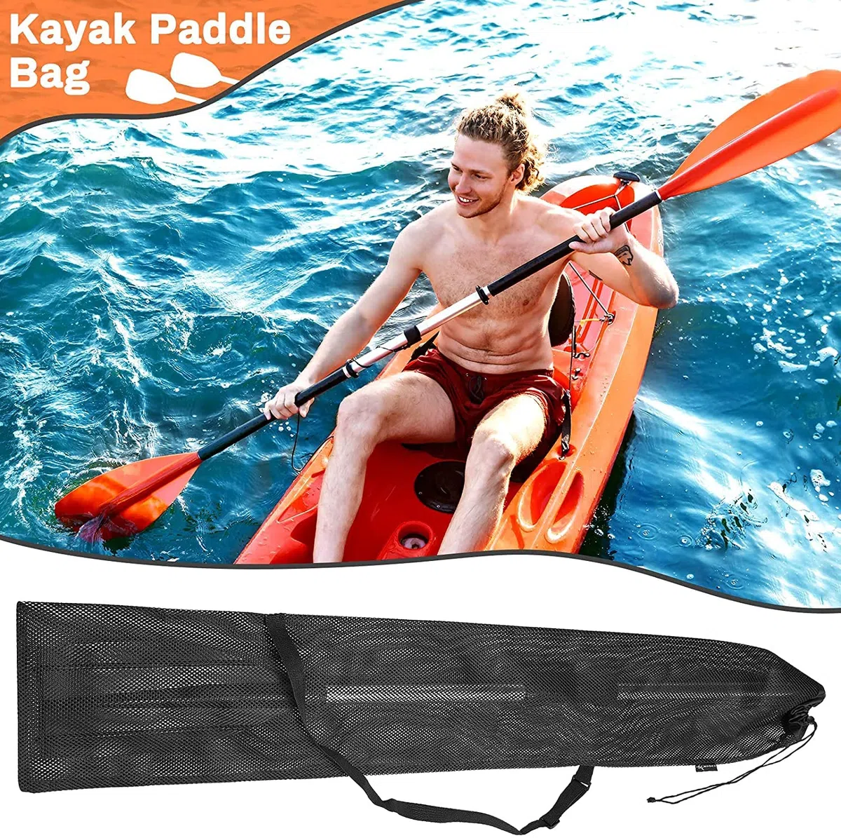 Sac de pagaie de kayak avec cordon de serrage en maille avec bandoulière réglable, sac de rangement portable pour pagaie de kayak, bateau, canoë, filets de rangement, plusieurs pagaies