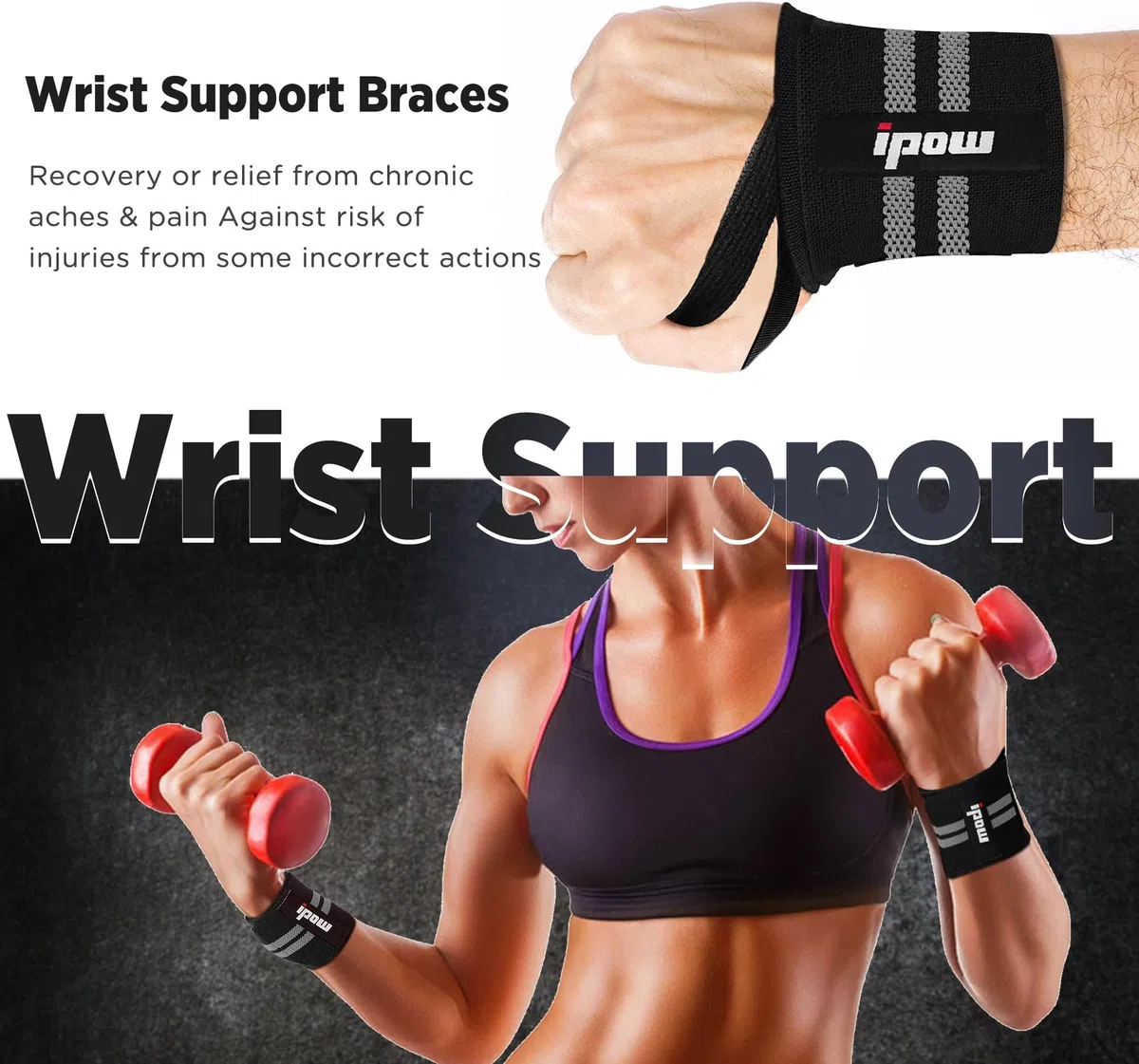 IPOW [2Pcs] Protège-poignet avec Bande de Force Réglable,Wrist Wraps Maintien Poignets dans Musculation/Crossfit/Gymnastique/Fitness/Bodybuilding/Sport,Bandage Serre Poignet pour Femme ou Homme-Gris