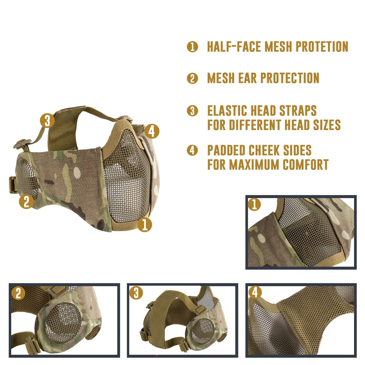 OneTigris Masque De Protection Visage Moitié en Maille d'acier avec Les Sangles Réglables pour Airsoft Paintball CS (Version Améliorée avec Système de Protection pour Oreilles