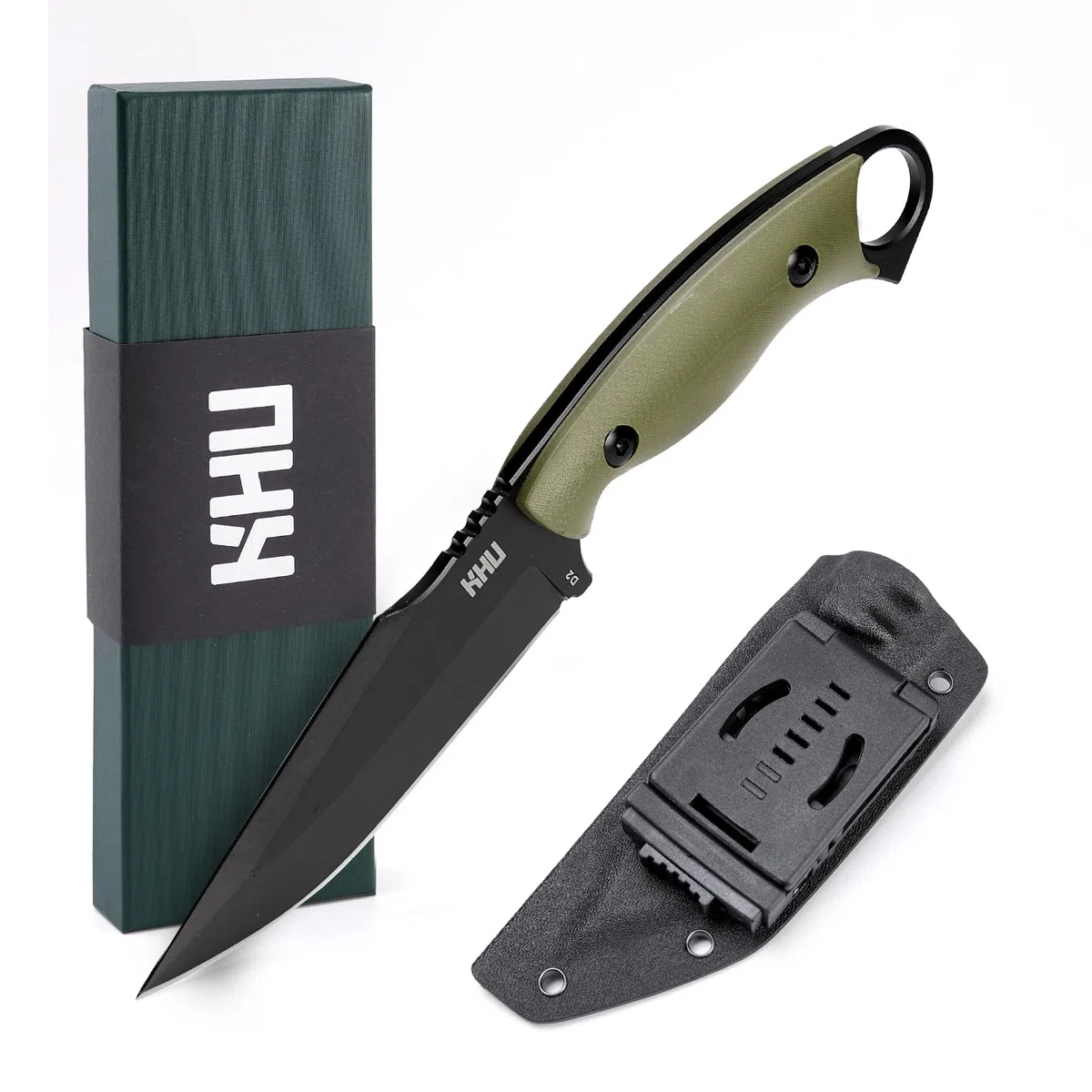 KHU Couteau à lame fixe Outdoor Couteau - Acier D2 G10 poignée, Camping Accessoires - Avec étui Kydex - 17A