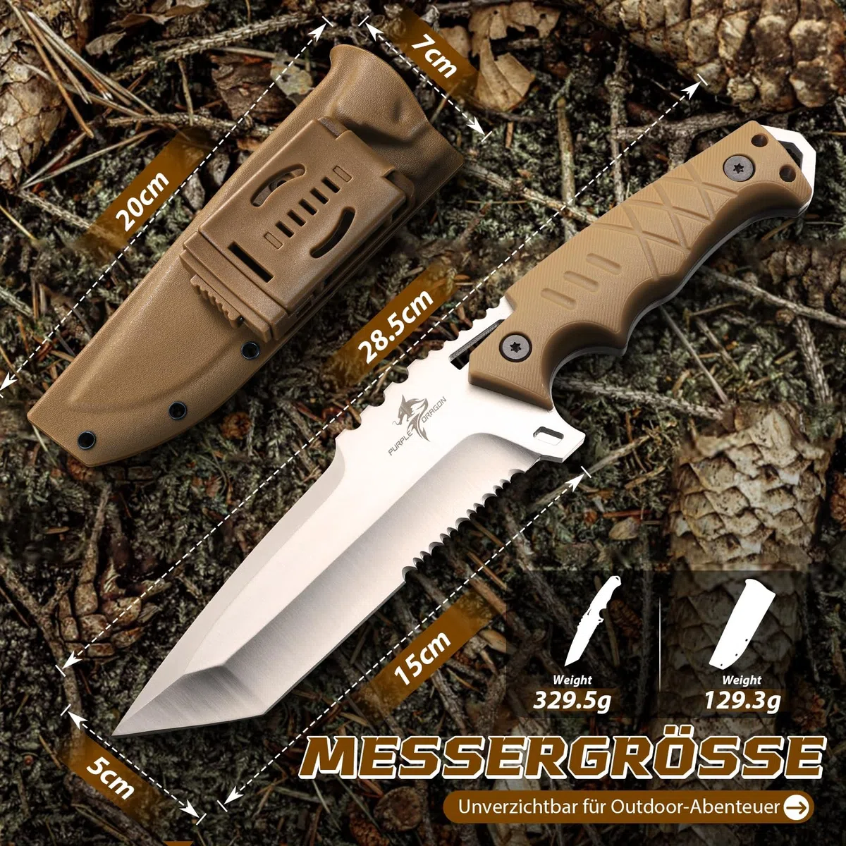 Purple Dragon Couteau de Plein Air (avec Gaine Kydex) - Lame Tanto Fixe Monobloc en Acier D2 - Couteau de Survie avec Manche G10 pour Camping, Cadeau pour Homme, Kaki