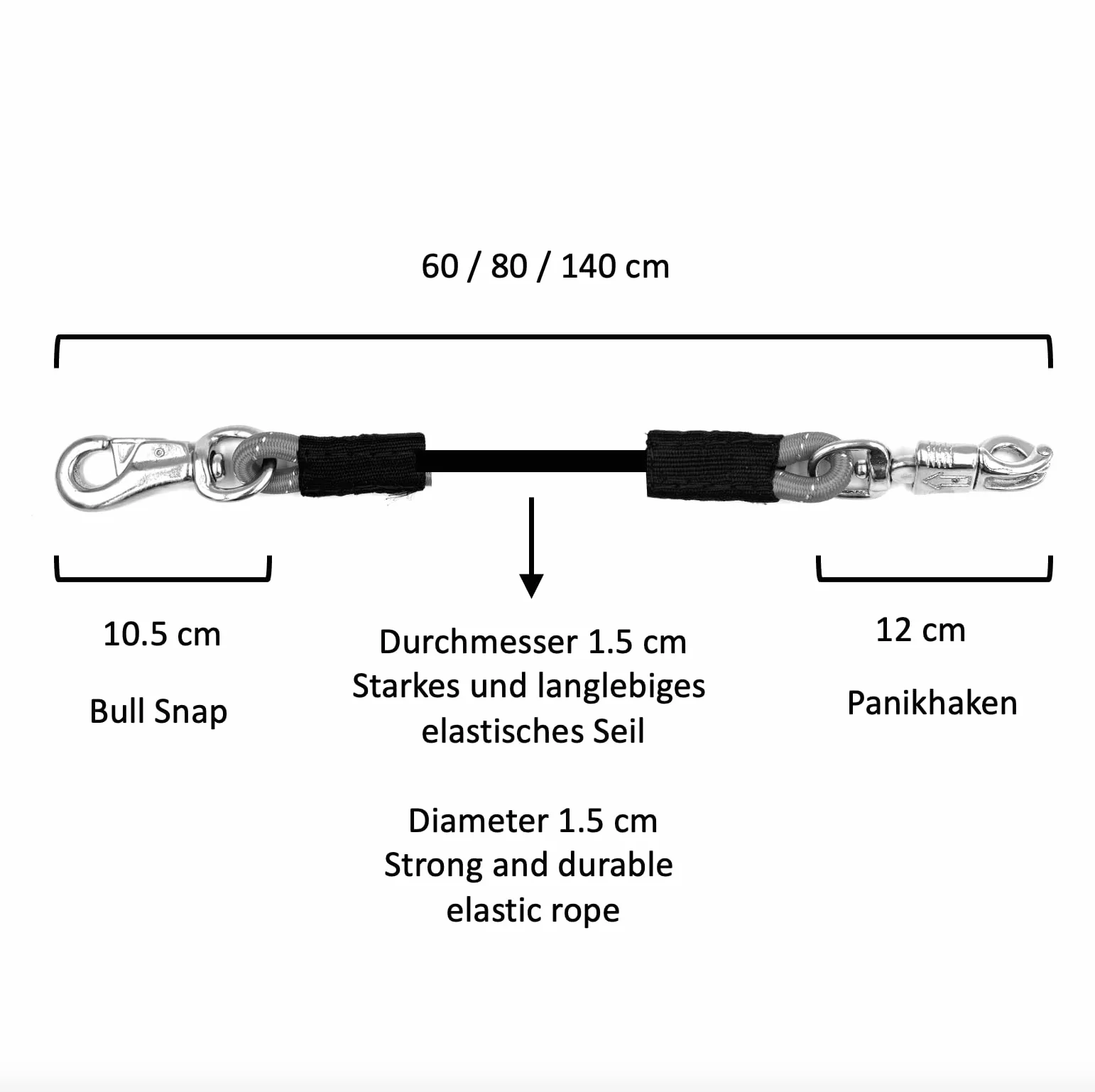 Transport - Attache élastique - En caoutchouc - Chaîne de fixation avec crochet de panique et fermoir taureau - Pour l'équitation, la remorque de chevaux, la boîte et l'écurie (1, noir, 60