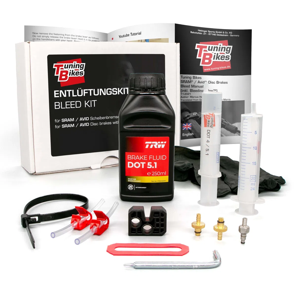 Kit de purge TB pour freins à disque SRAM/AVID (Bleeding Edge inclus) – Kit complet comprenant du liquide de frein DOT 5.1, un bloc de purge pour freins tels que Avid Elixir SRAM Code, etc.