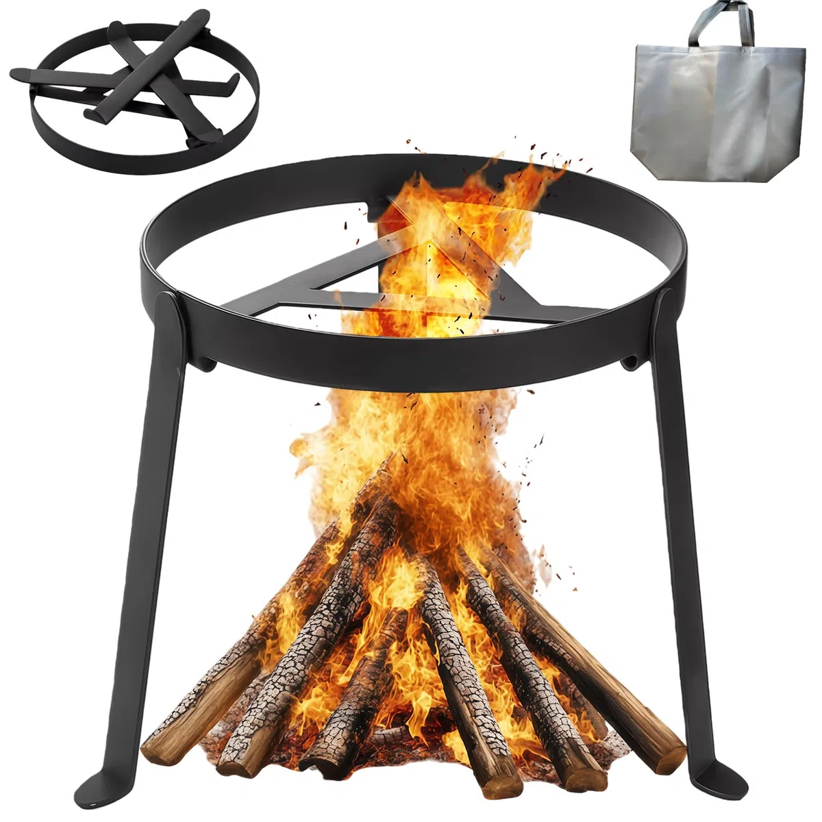 Trépied pour feu de camp, grille de barbecue pliable pour brasero de camping, trépied résistant aux hautes températures, avec sac de rangement