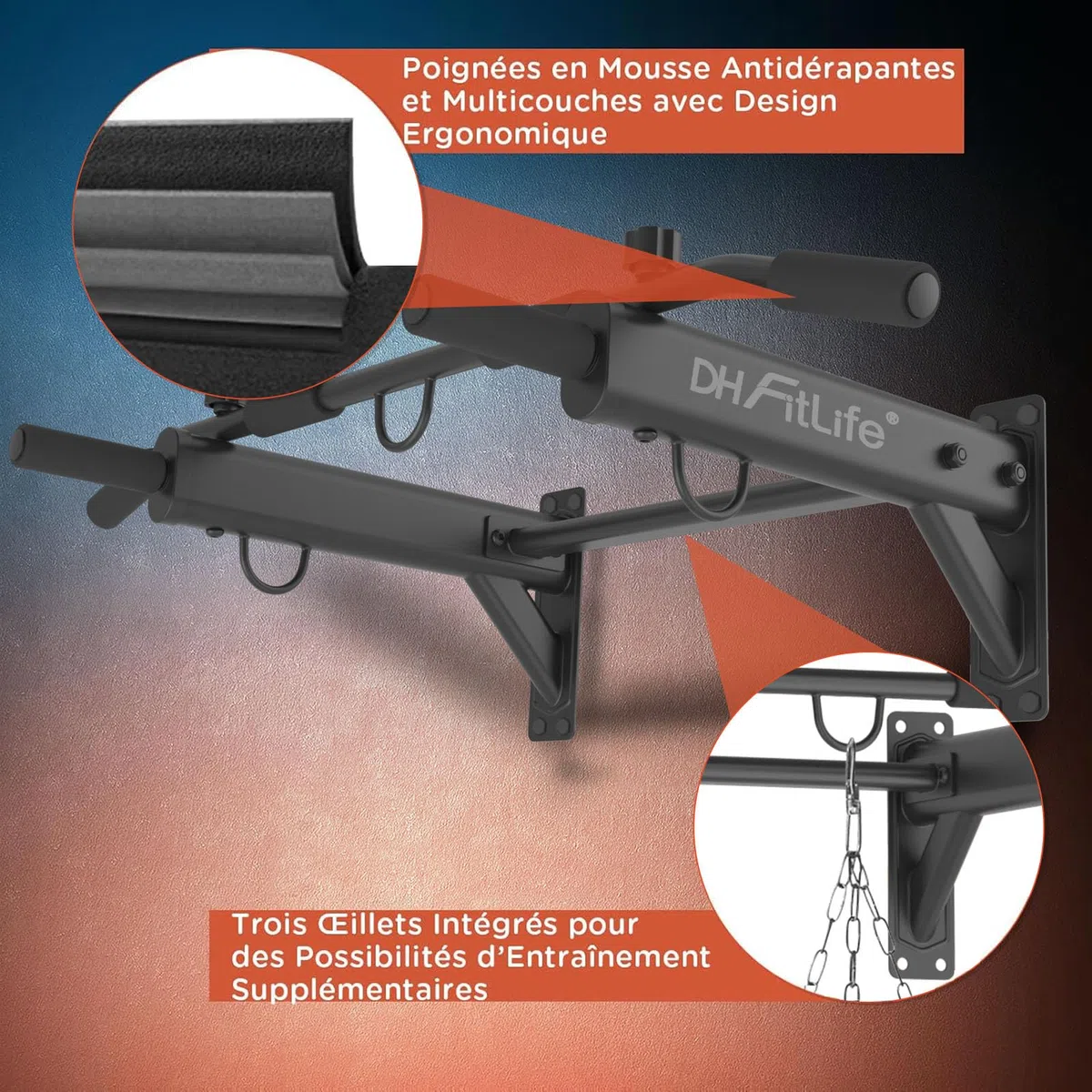 DH FitLife Barre de Traction 4 en 1 pour Montage Mural, Charge jusqu'à 200kg | Chevilles d'Expansion | Poignées Antidérapantes | Compatible avec Sac de Frappe & Entraîneur de Sangles