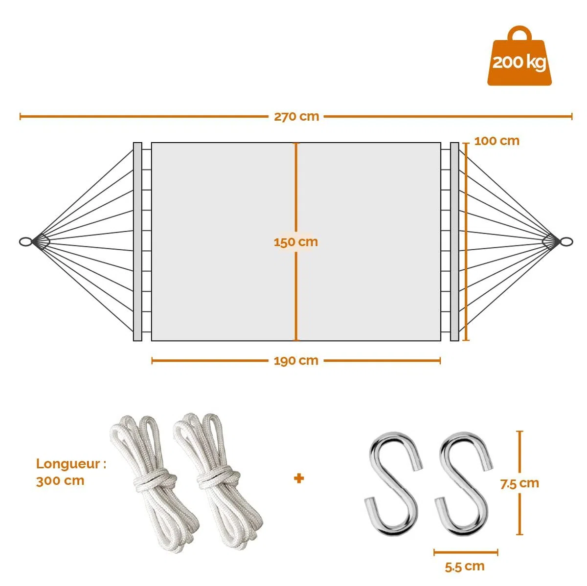 Linxor - Toile de hamac 2 Personnes 150 x 270 cm avec système d'attache - Plusieurs Coloris Disponibles