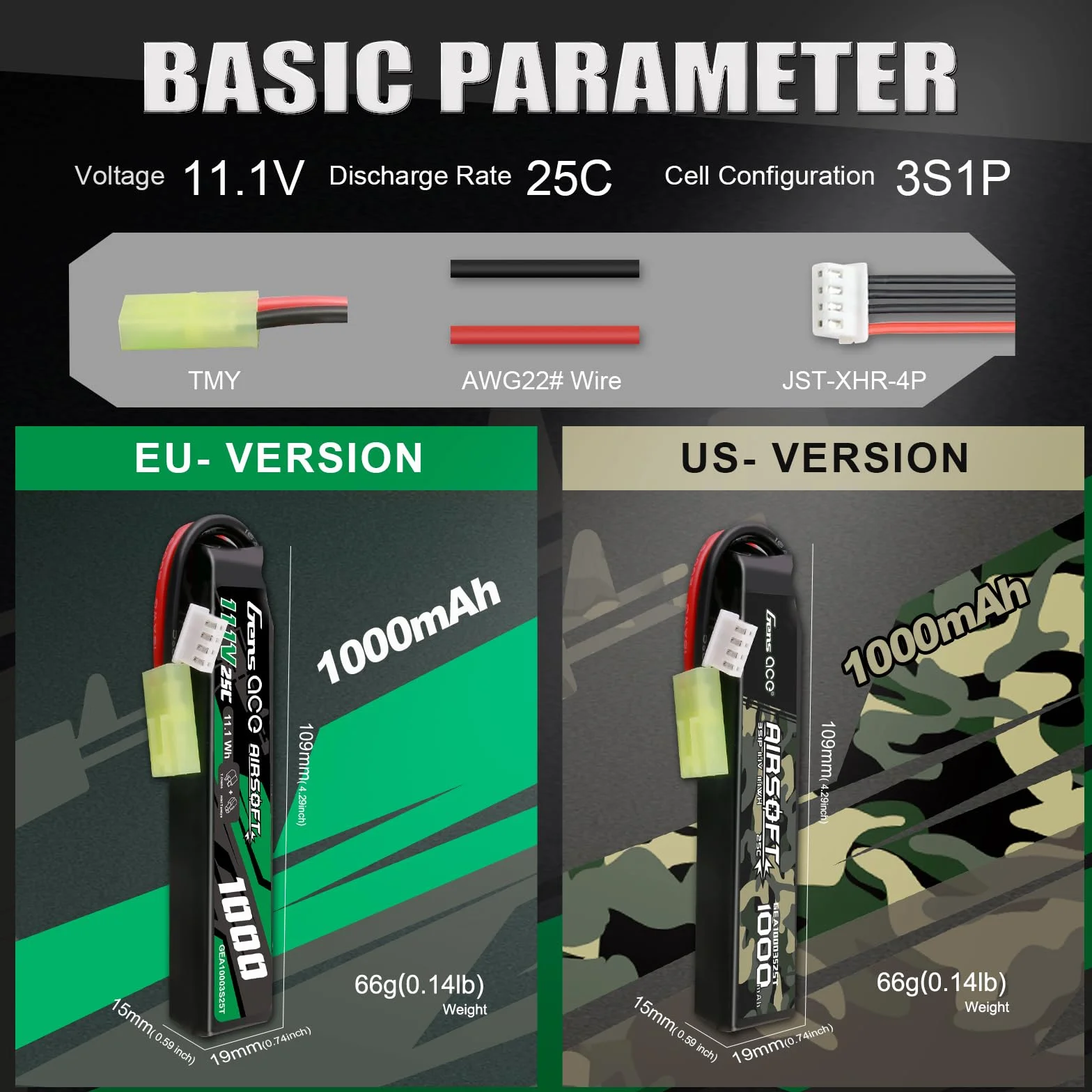 Gens ace 3S 25C 1000 mAh 11,1 V 3S1P Batterie Lipo Airsoft Rechargeable avec connecteur TMY pour Les Modèles Airsoft